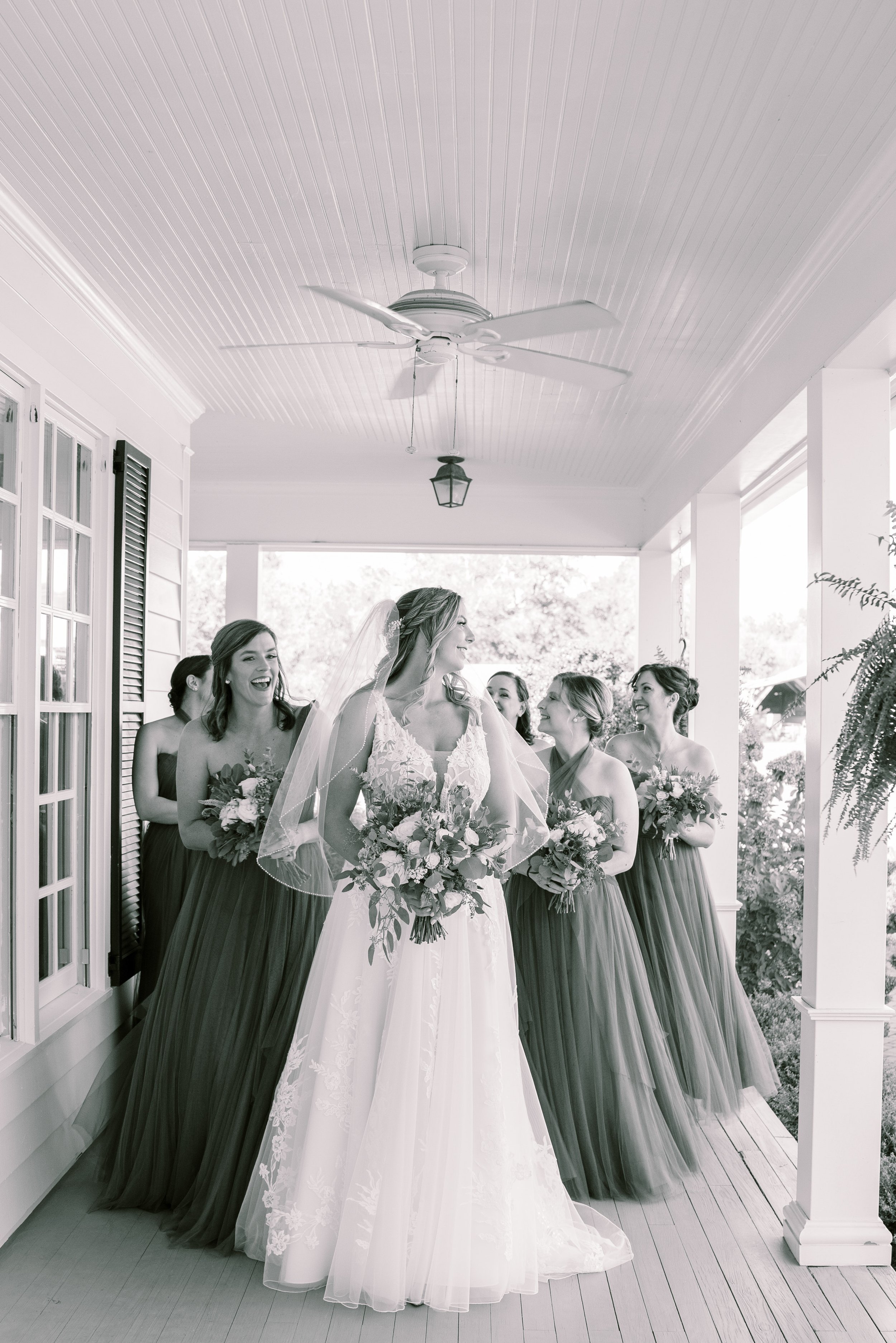 Bride and Bridesmaids Front Porch Raleigh Event Space Walnut Hill Wedding Venue Fancy This Photography