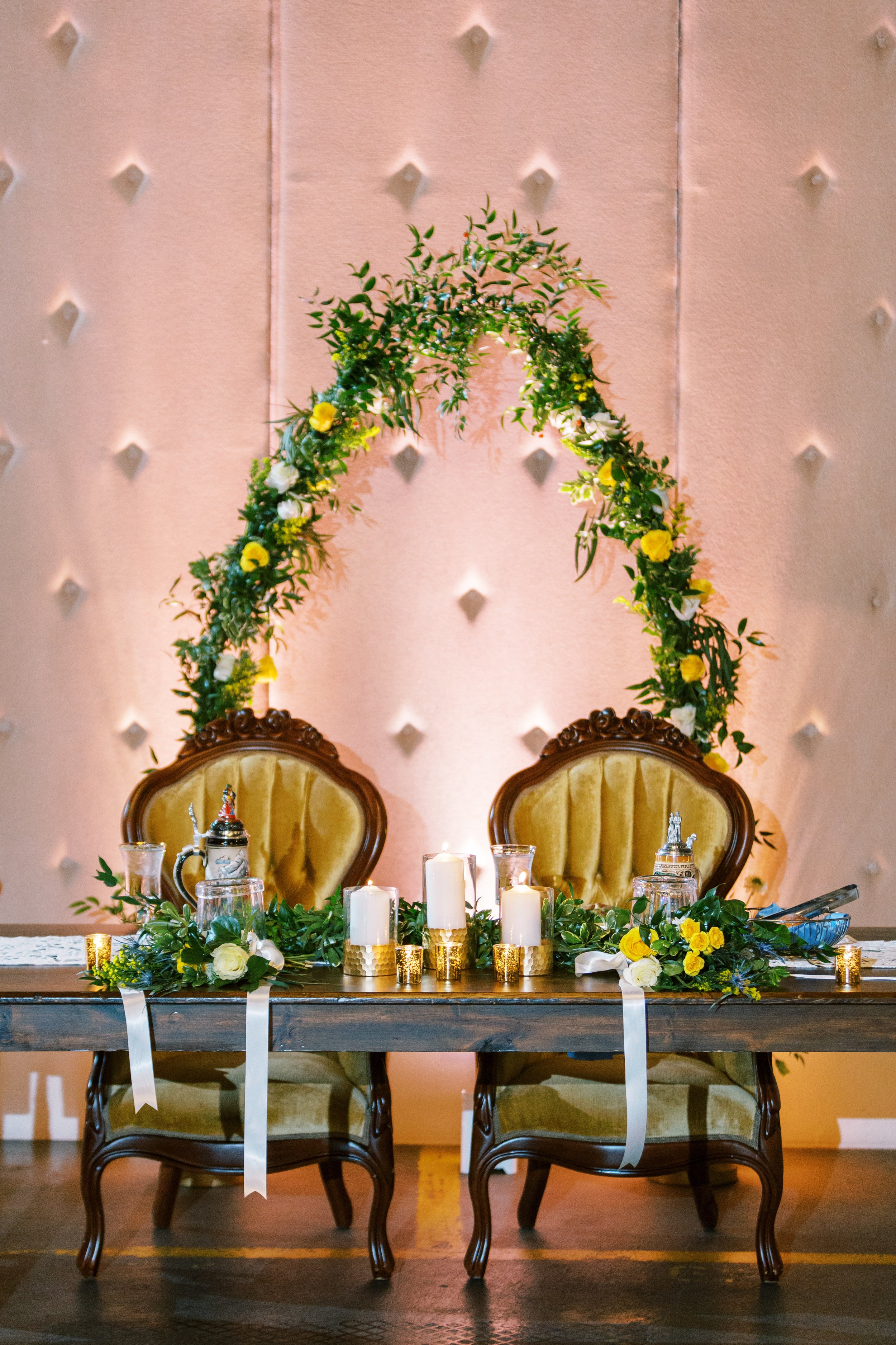 Yellow Sweetheart Table Flower Arch Bloom Works Whitaker &amp; Atlantic Wedding in Raleigh, NC Fancy This Photography