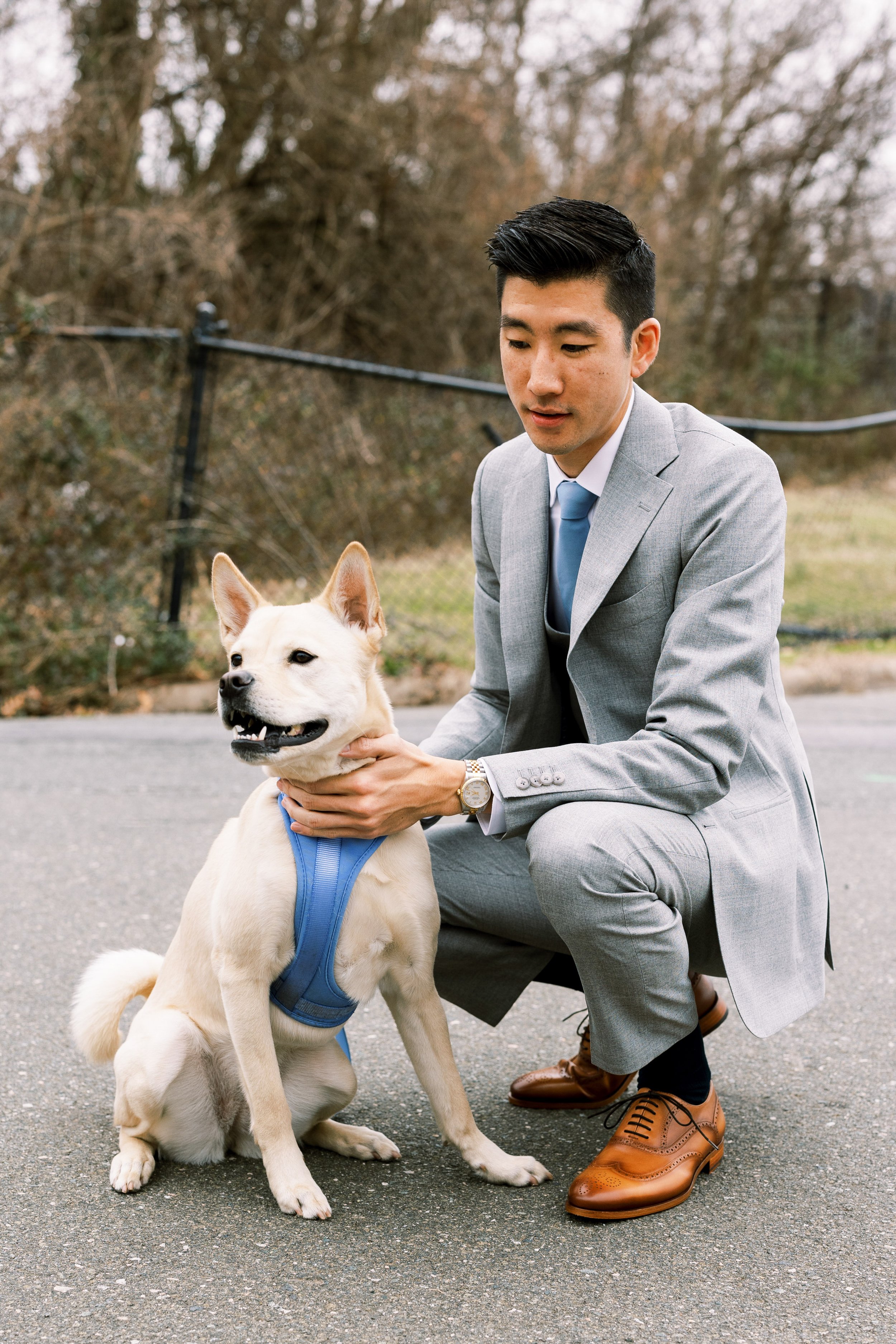 Groom and Dog Light Blue Wedding at Bay 7 Durham NC Fancy This Photography