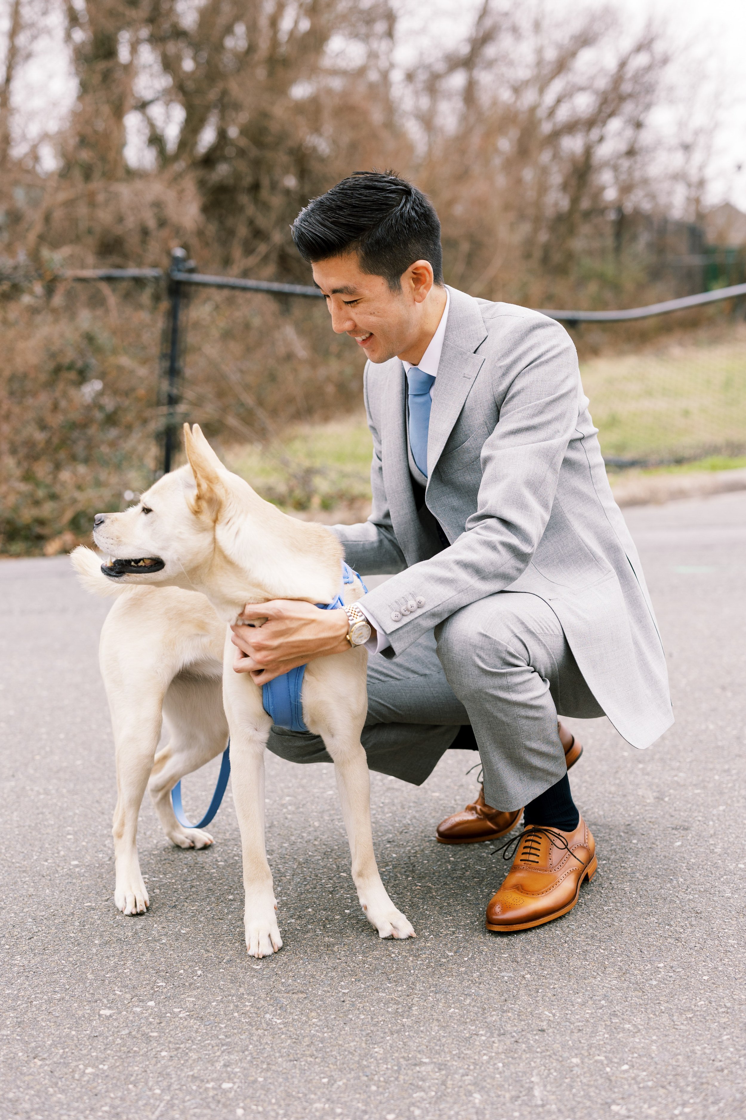 Groom and Dog on Wedding at Bay 7 Durham NC Fancy This Photography