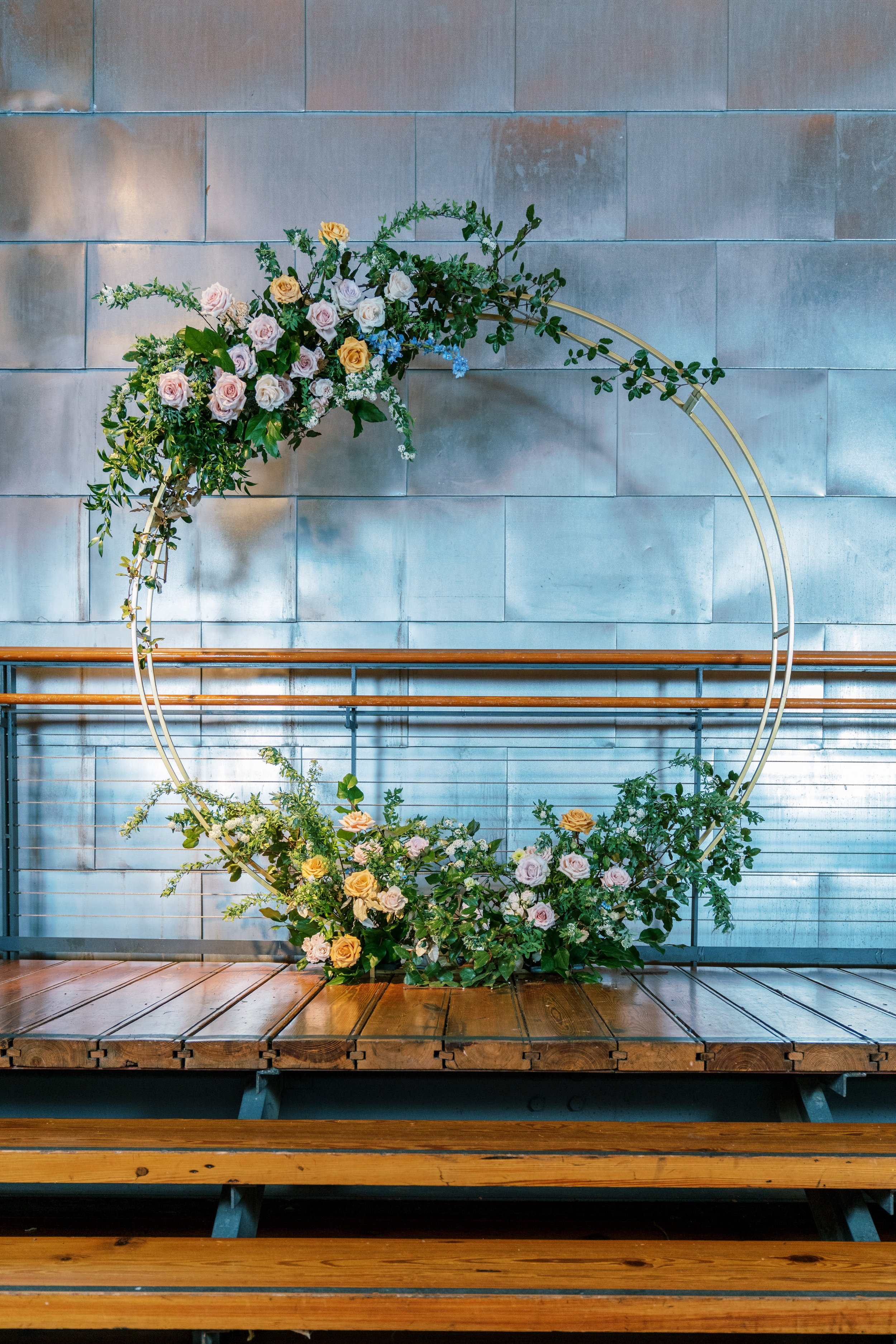 Circular Floral Ceremony Arch Wedding at Bay 7 Durham NC Fancy This Photography
