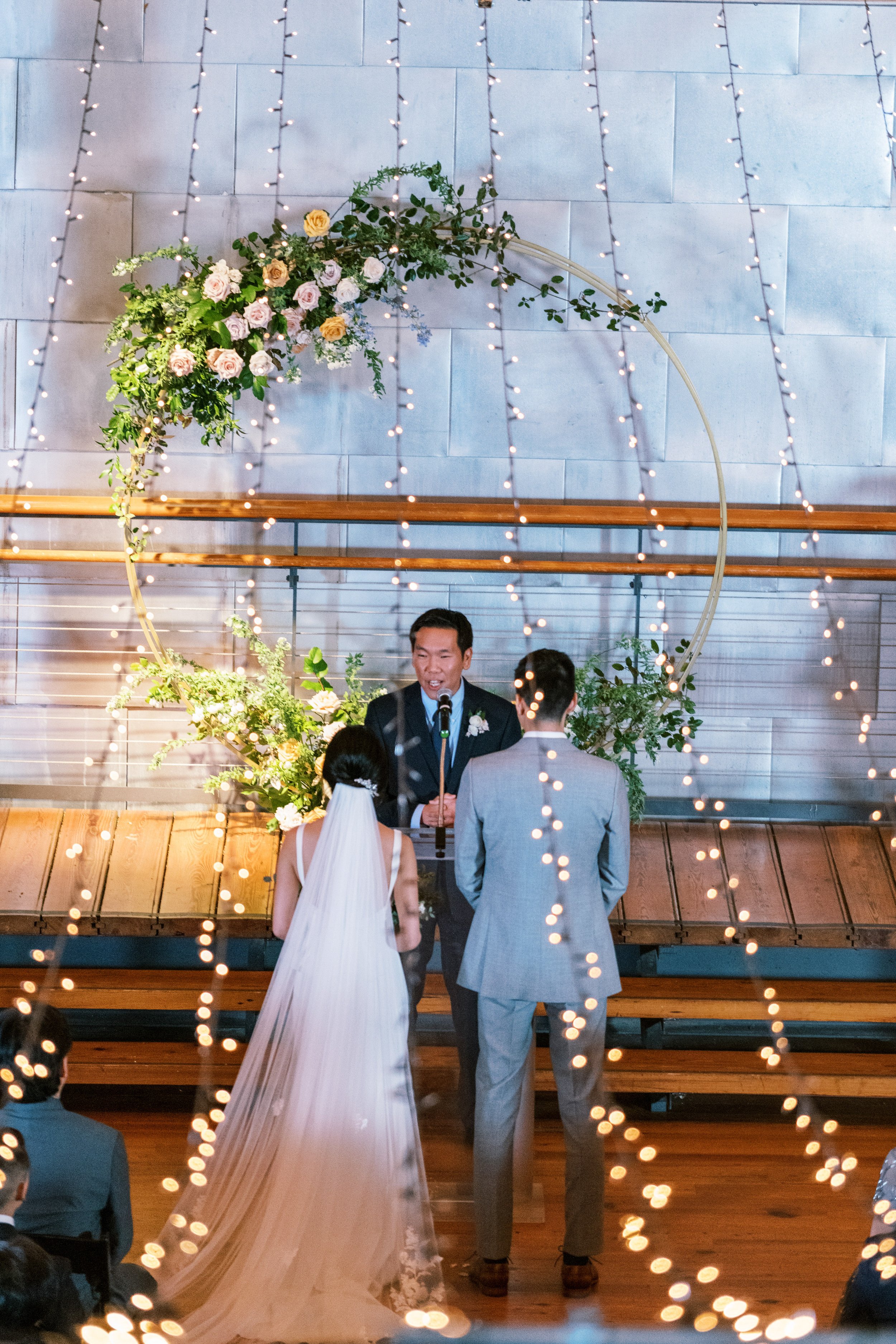 Aerial Photo of Bride and Groom Vows Ceremony Wedding at Bay 7 Durham NC Fancy This Photography