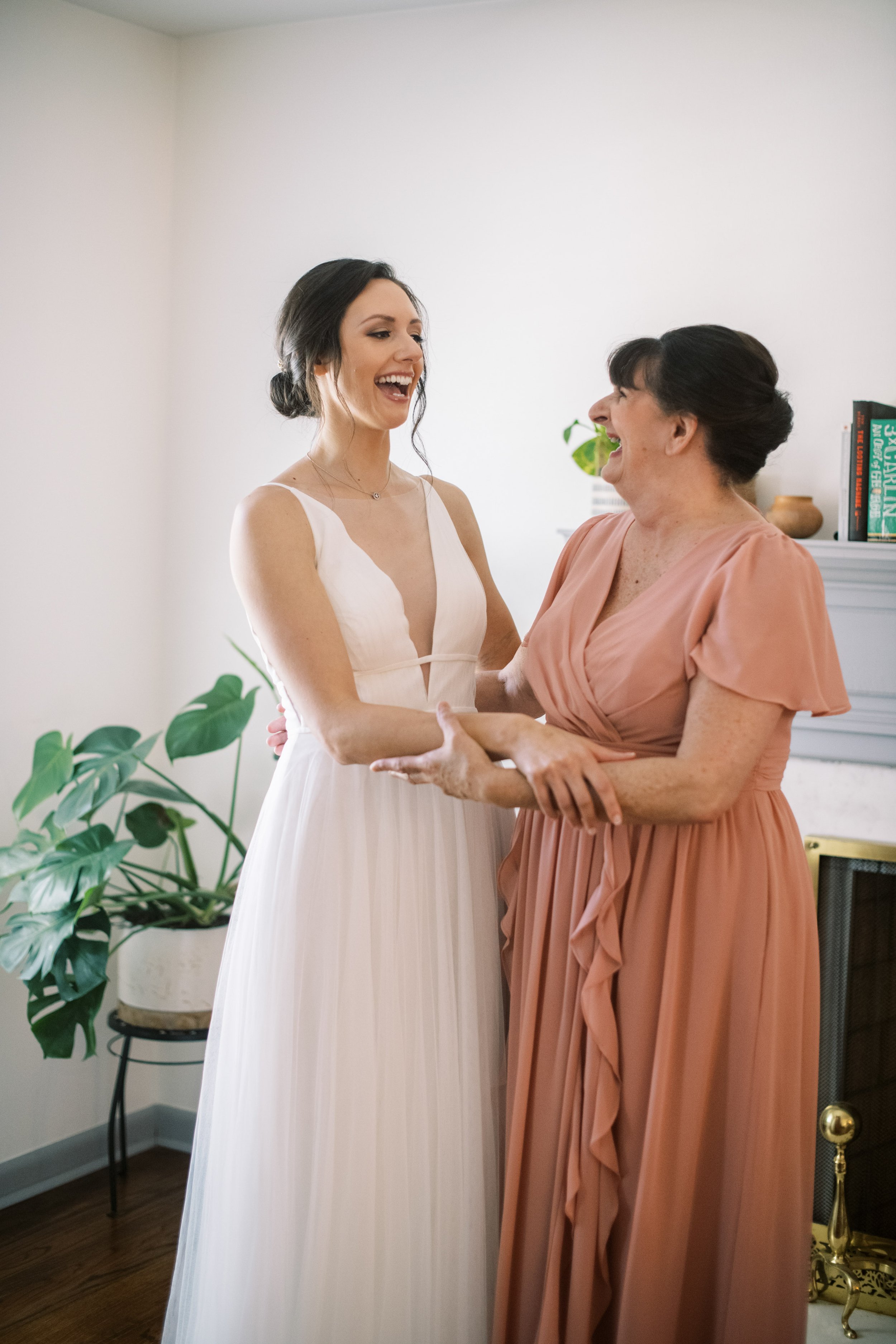 Bride and Mother Laughing Cape Fear Botanical Garden Wedding Fancy This Photography