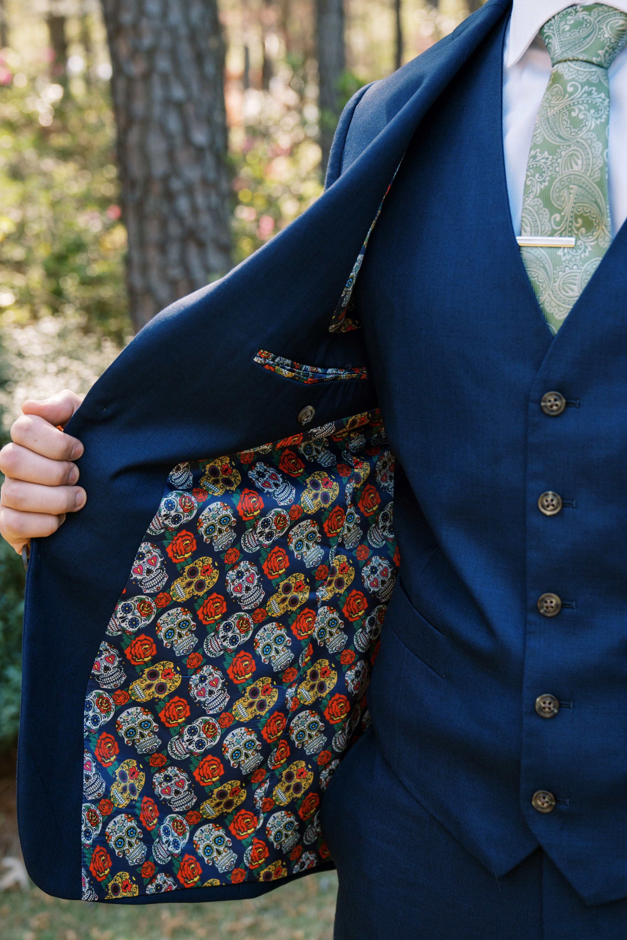 Skull Candy Suit Jacket Detail Groom Cape Fear Botanical Garden Wedding Fancy This Photography