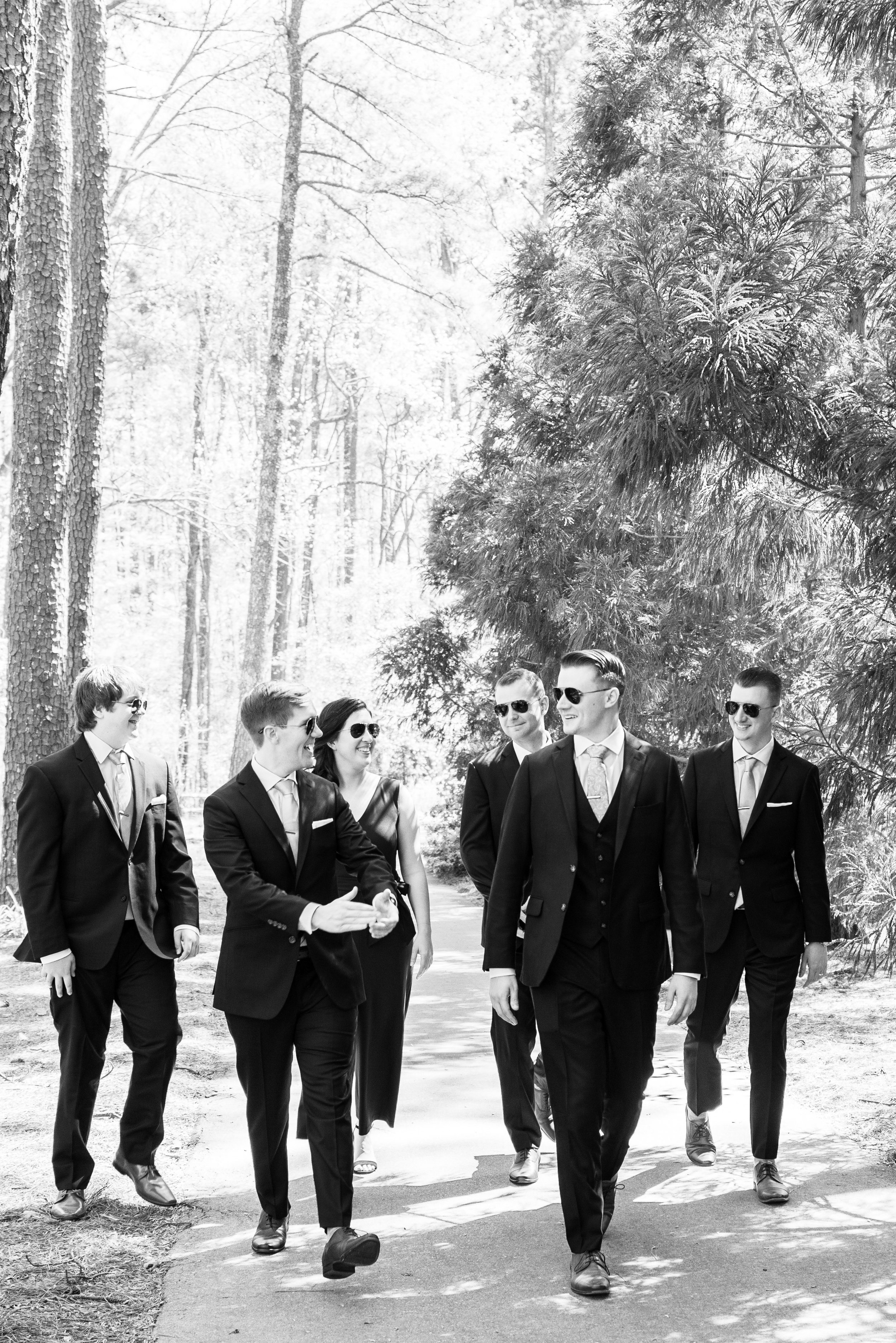 Black and White Grooms Party Walk Cape Fear Botanical Garden Wedding Fancy This Photography