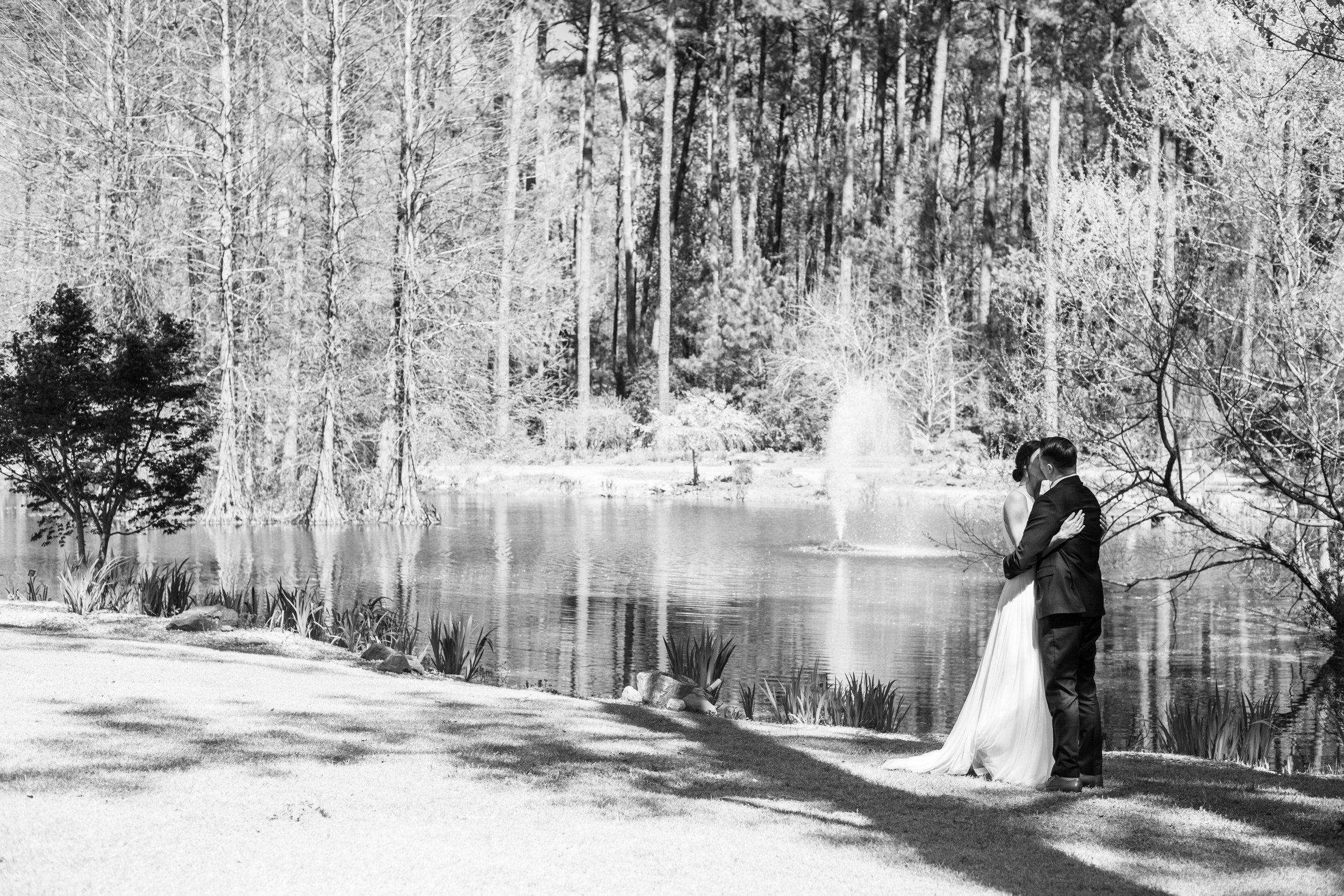 Pond Kiss Black and White Cape Fear Botanical Garden Wedding Fancy This Photography