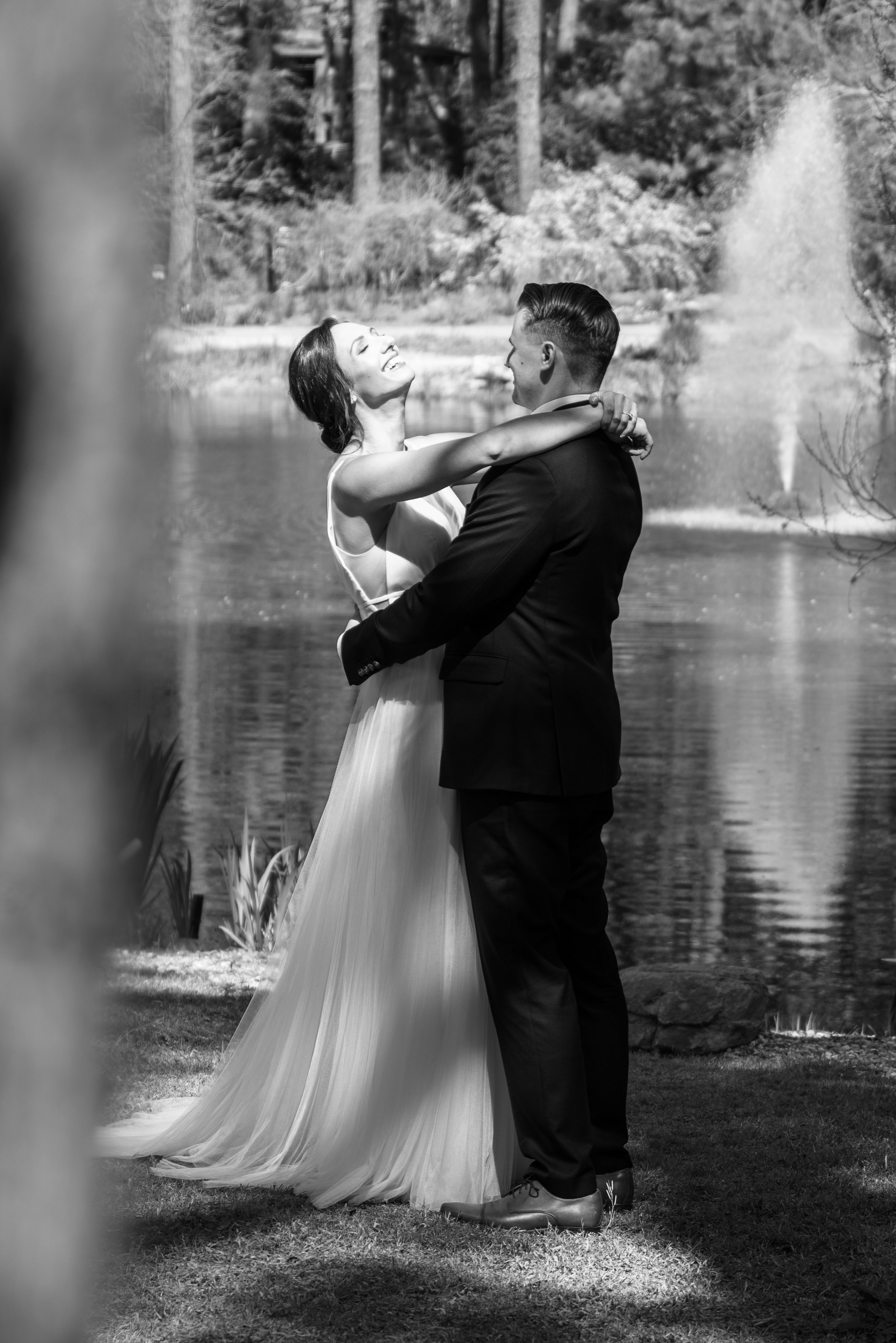 Pond Fountain First Look Laugh Cape Fear Botanical Garden Wedding Fancy This Photography