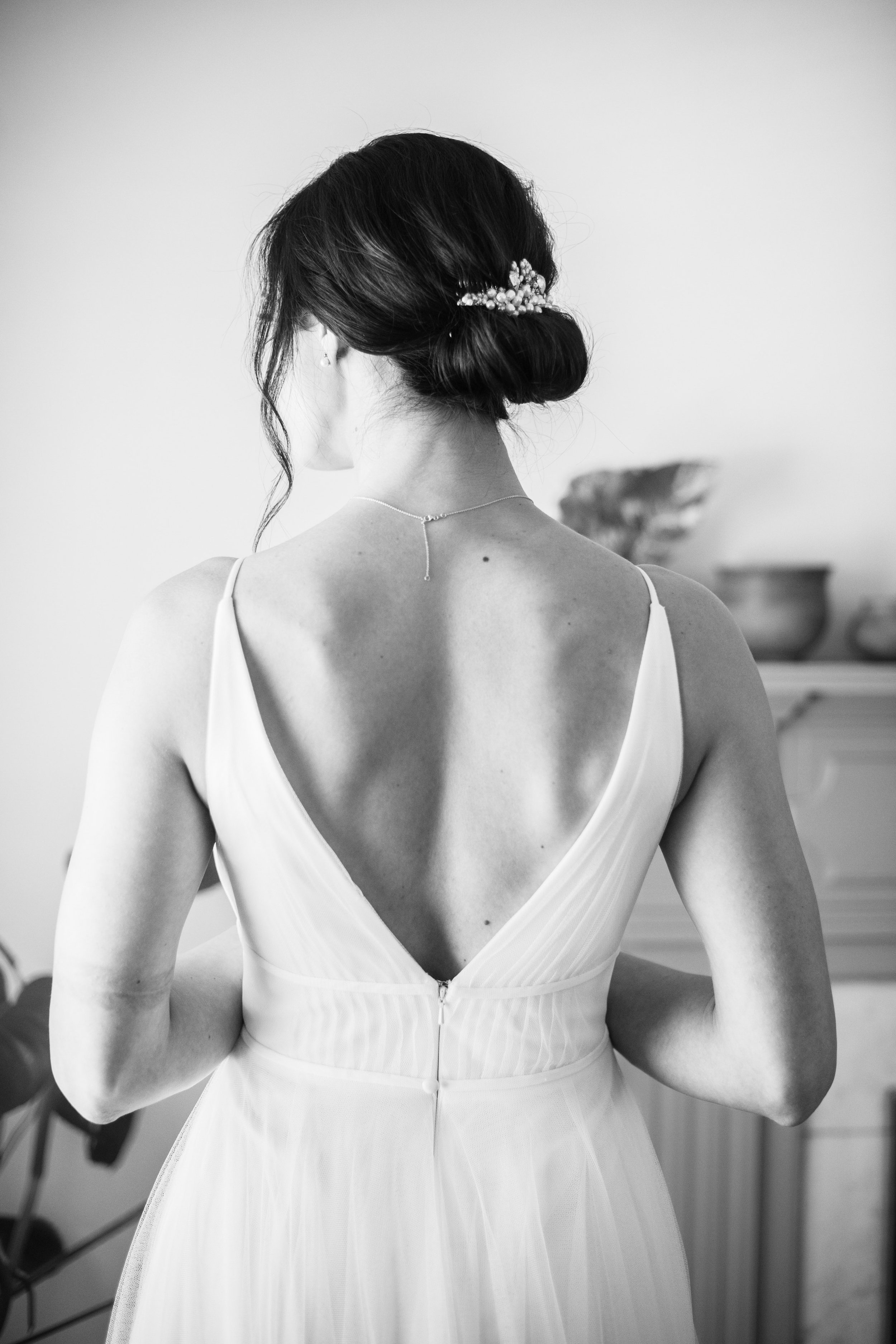 Black and White Image Bride's Back Cape Fear Botanical Garden Wedding Fancy This Photography