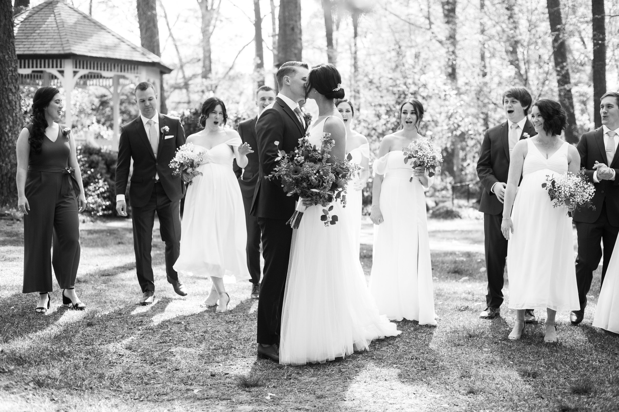 Black and White Image Wedding party in Cape Fear Botanical Garden Wedding Fancy This Photography