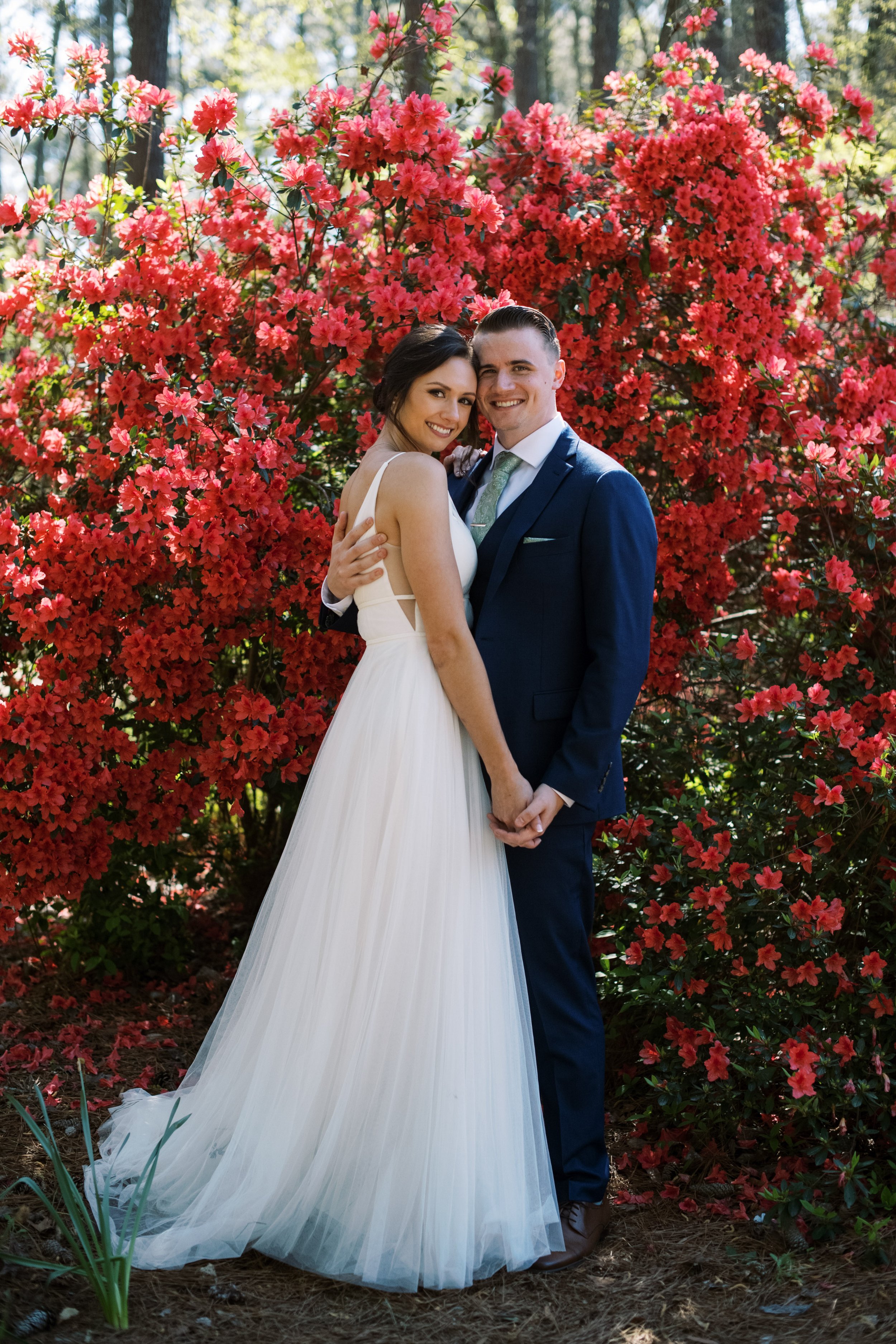 Pink Blooming Azalea Bush Bride and Groom Cape Fear Botanical Garden Wedding Fancy This Photography
