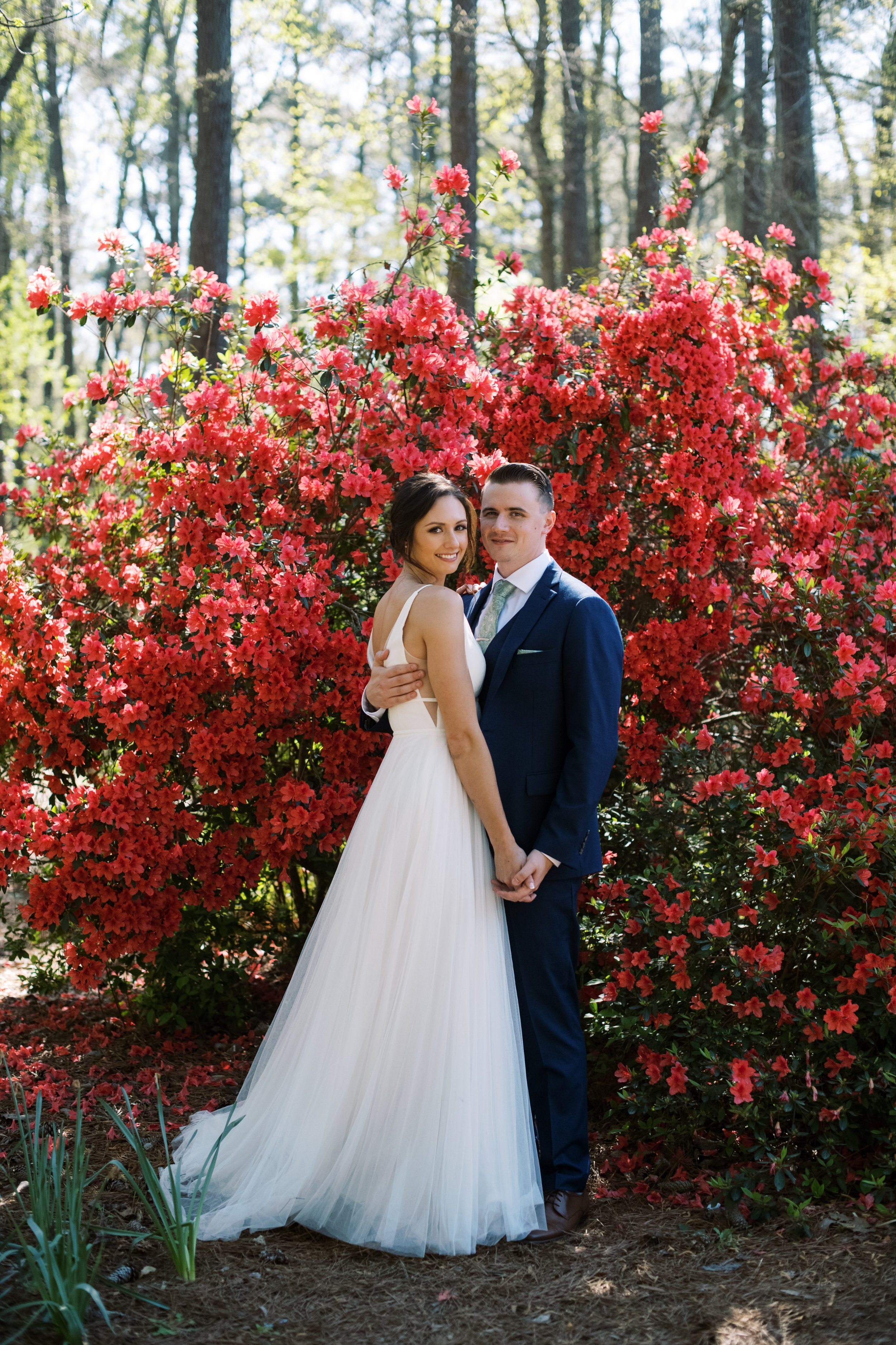 Pink Azalea Flower Blossoms Bride and Groom Cape Fear Botanical Garden Wedding Fancy This Photography