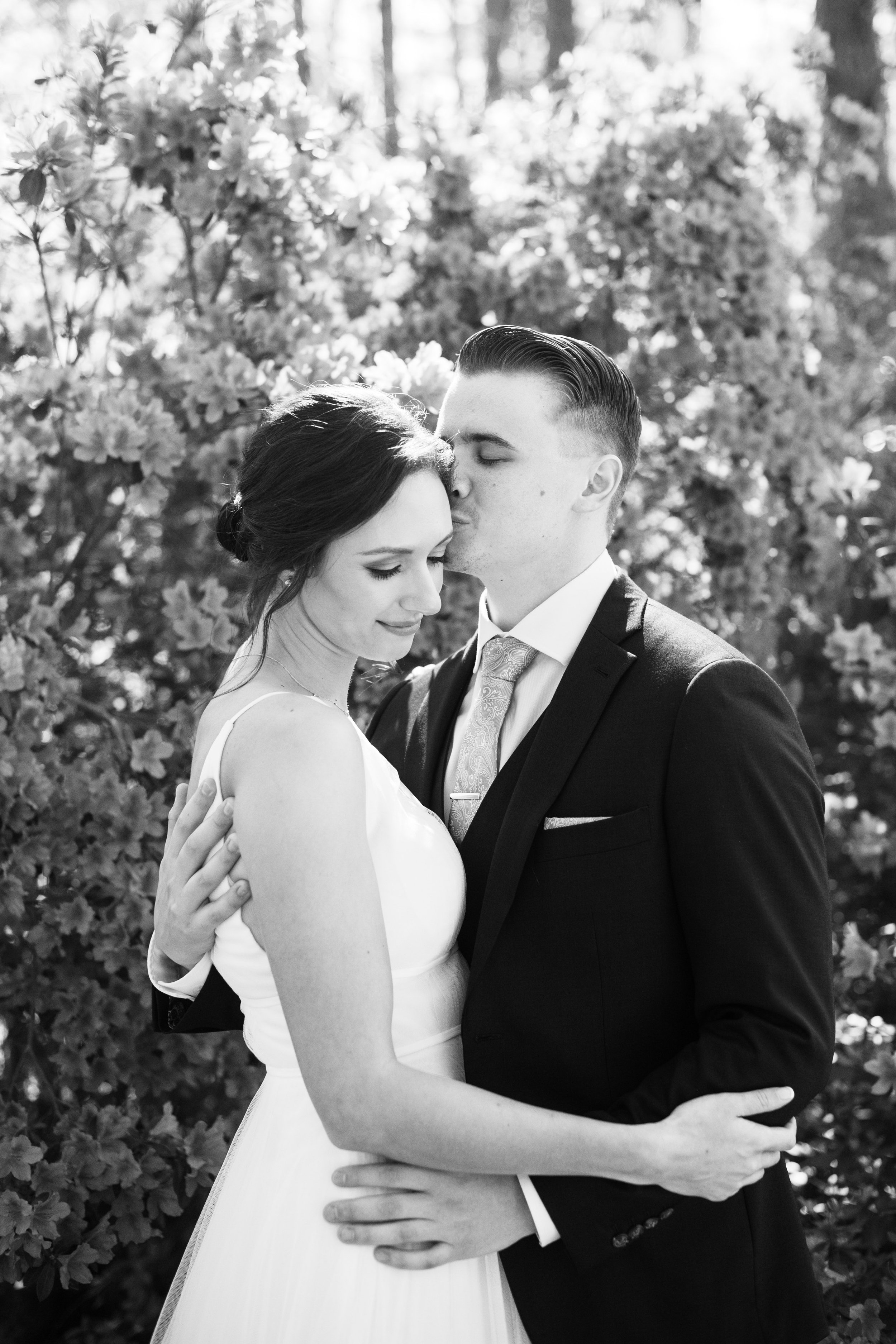 Black and White Image Azaleas Bride and Groom Cape Fear Botanical Garden Wedding Fancy This Photography