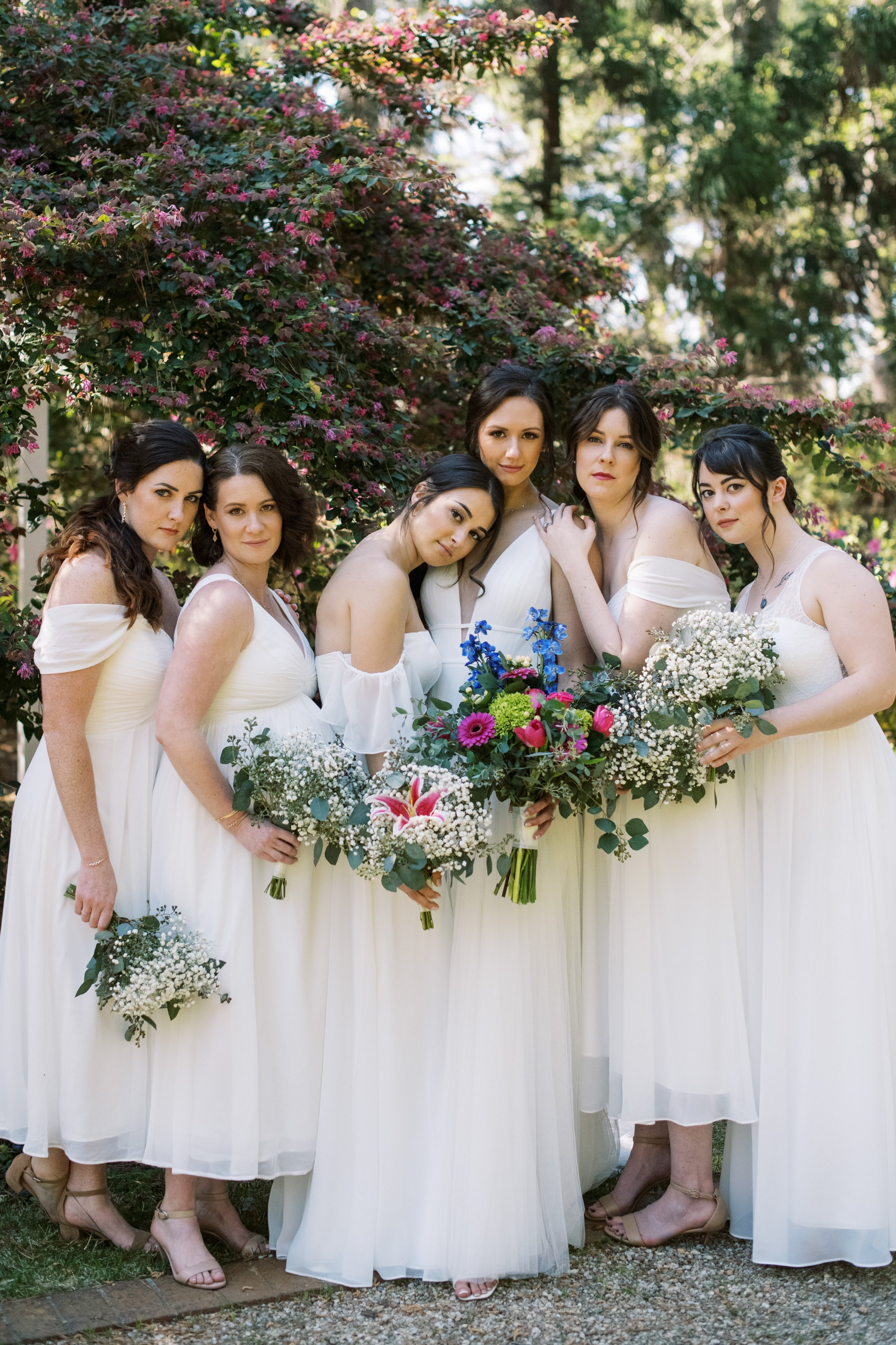 Beautiful Bridesmaids in White Dresses Cape Fear Botanical Garden Wedding Fancy This Photography