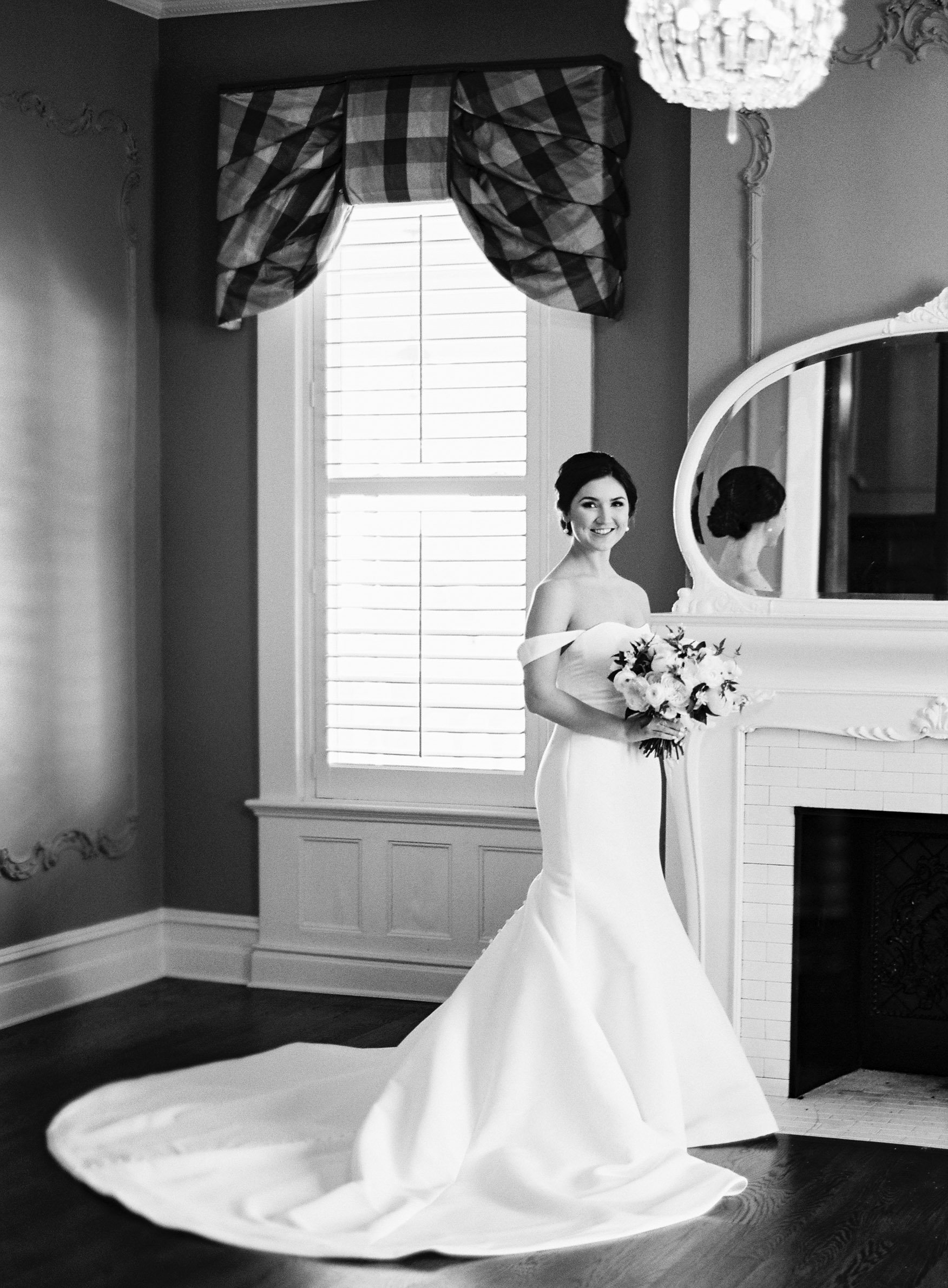 Black and White Vintage Fireplace Bridal Portraits at River Forest Manor and Marina Fancy This Photography