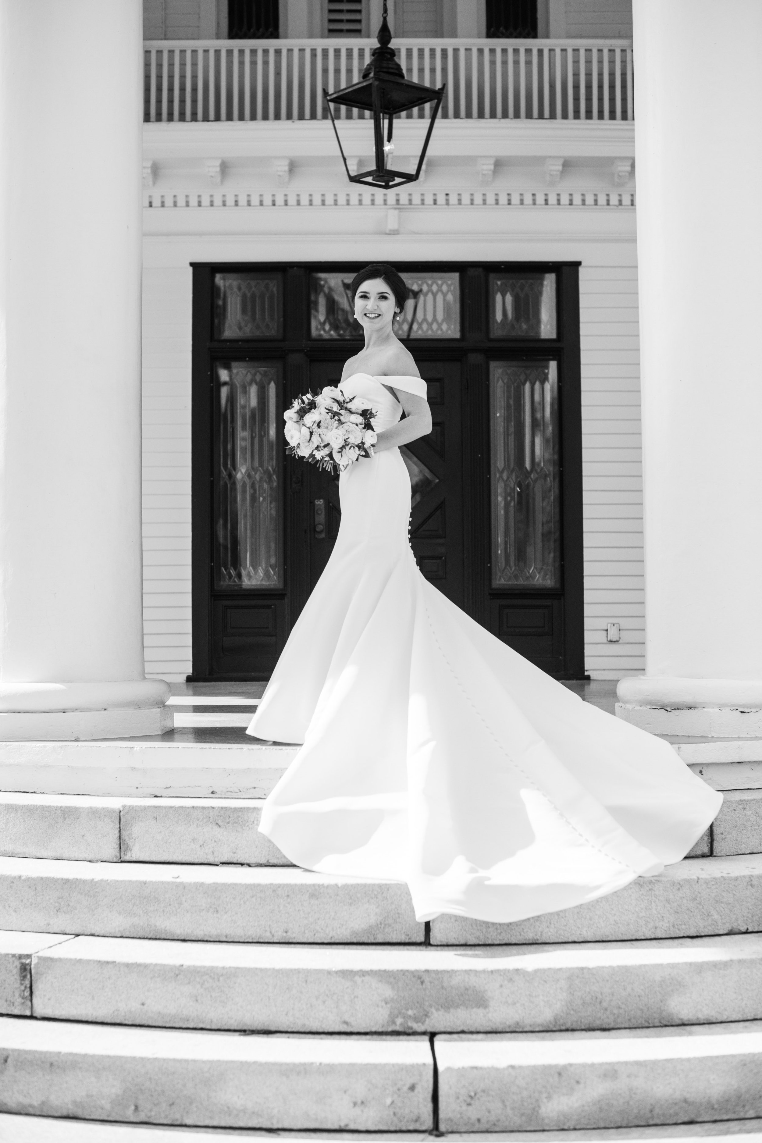 Black and White Staircase Bridal Portraits at River Forest Manor and Marina Fancy This Photography