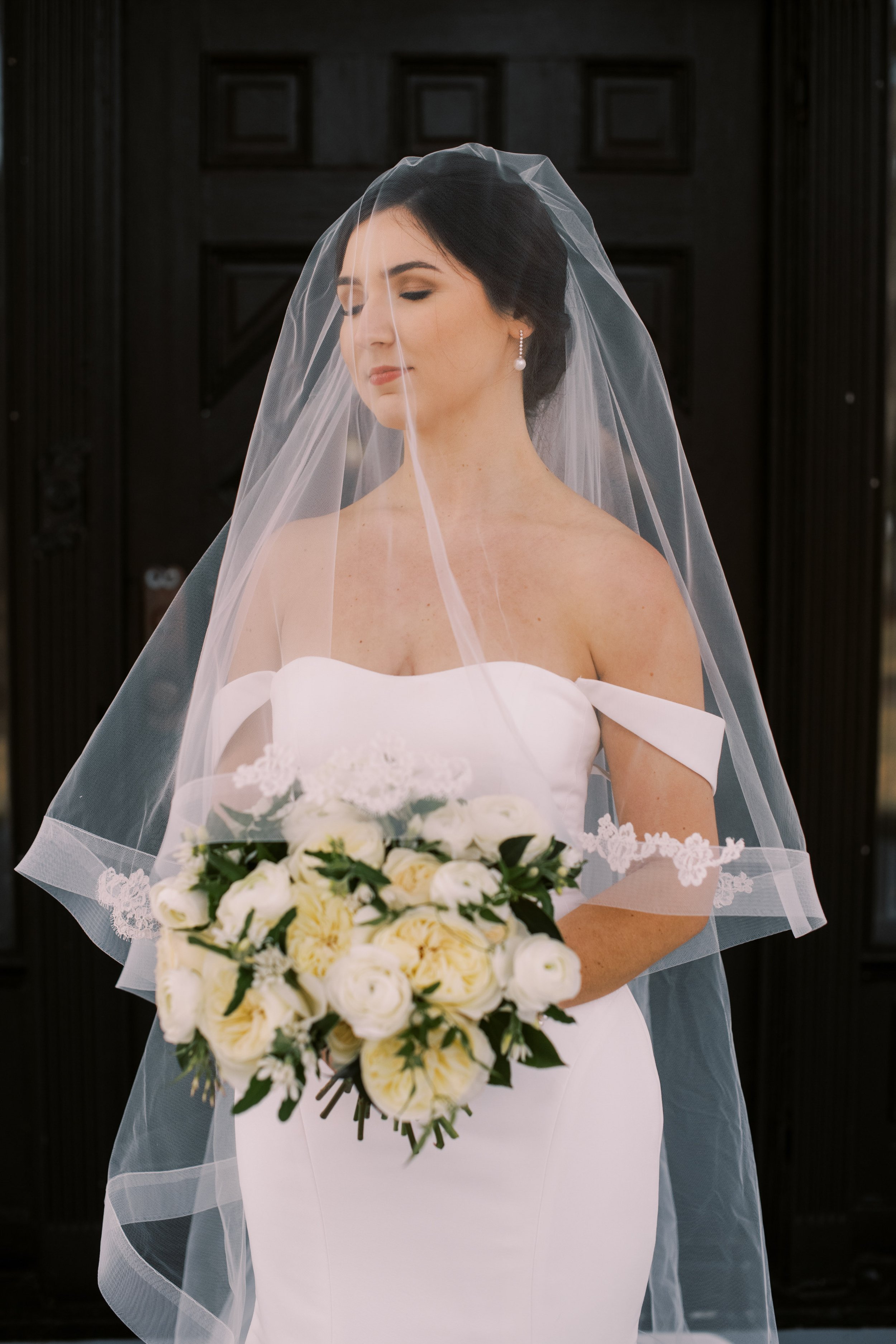 Bride Wearing Veil White Green Bouquet Bridal Portraits at River Forest Manor and Marina Fancy This Photography