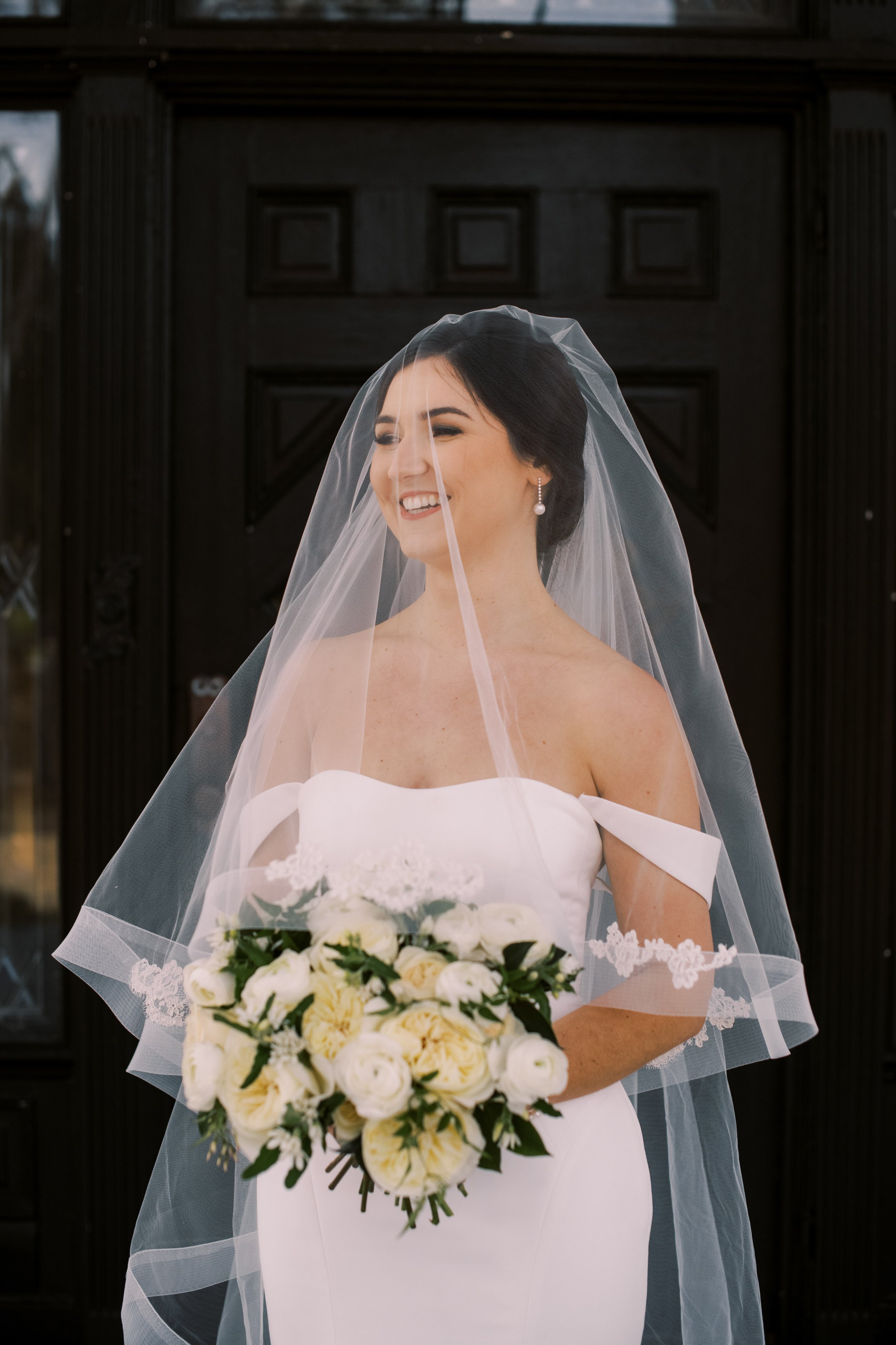 Bride in Veil White Green Bouquet Bridal Portraits at River Forest Manor and Marina Fancy This Photography