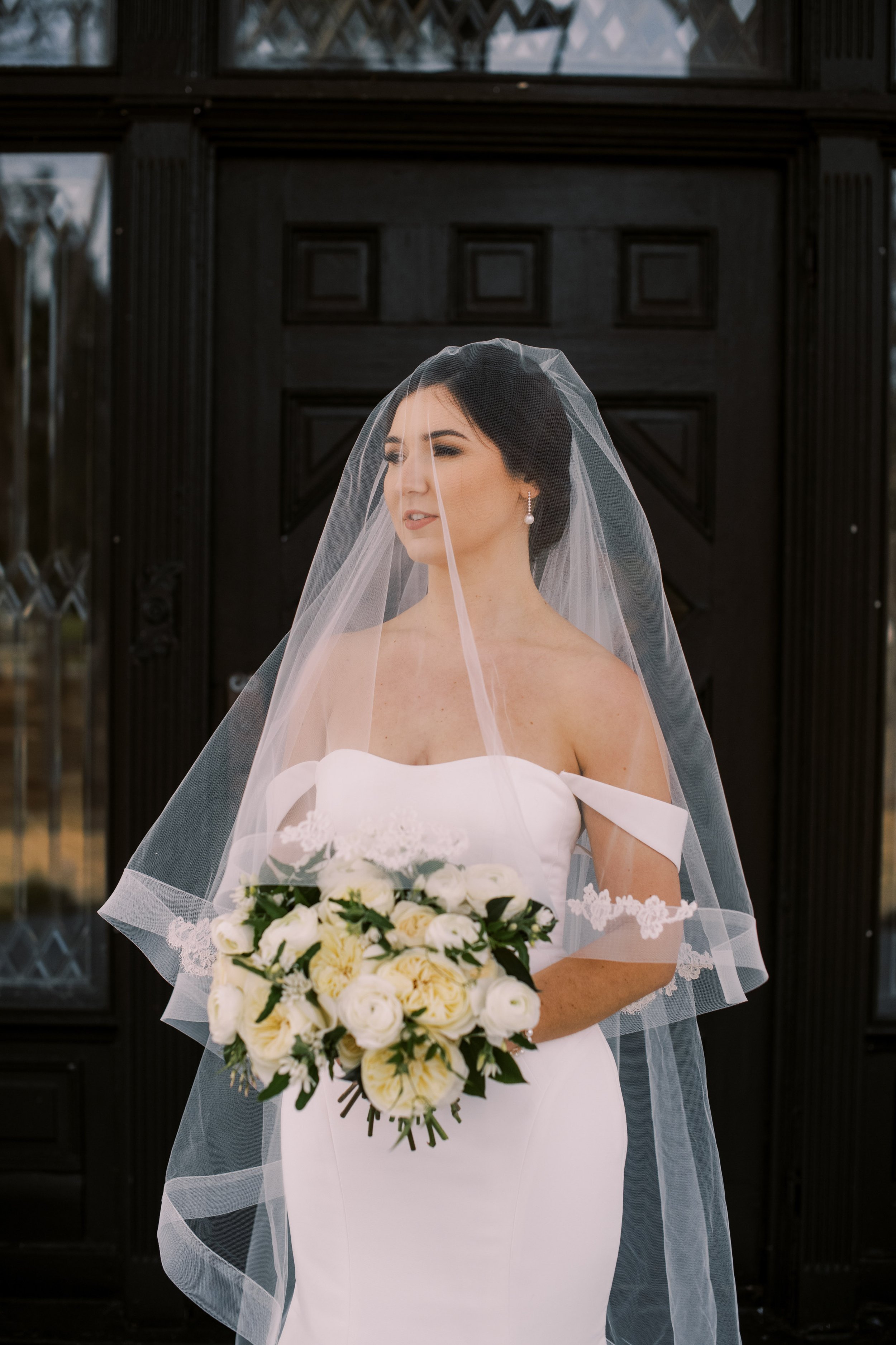 Bride in Veil Bouquet Bridal Portraits at River Forest Manor and Marina Fancy This Photography