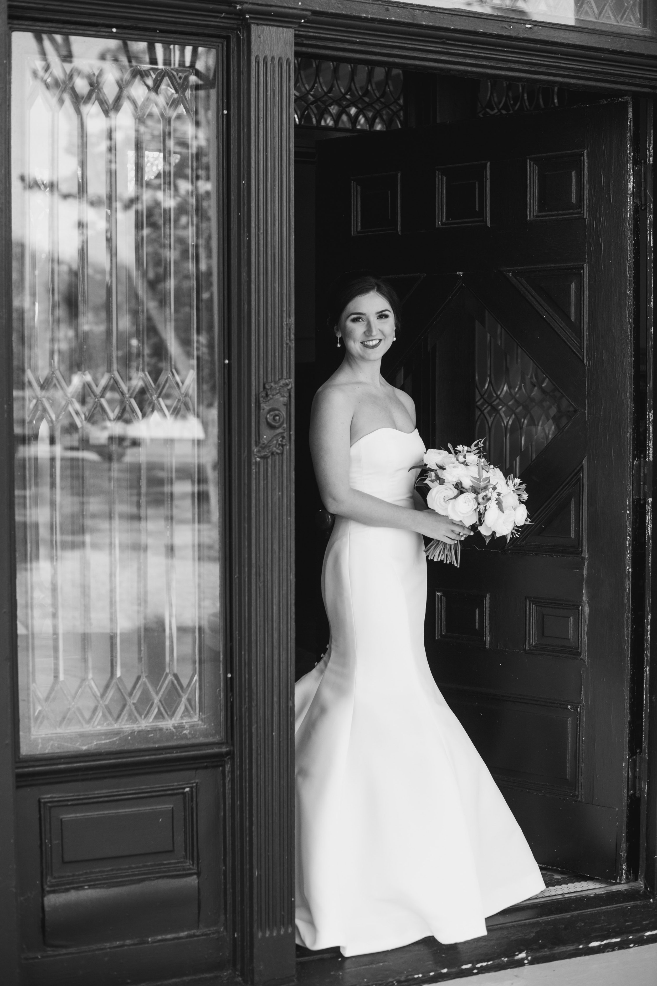 Black and White Image Doorway Bridal Portraits at River Forest Manor and Marina Fancy This Photography