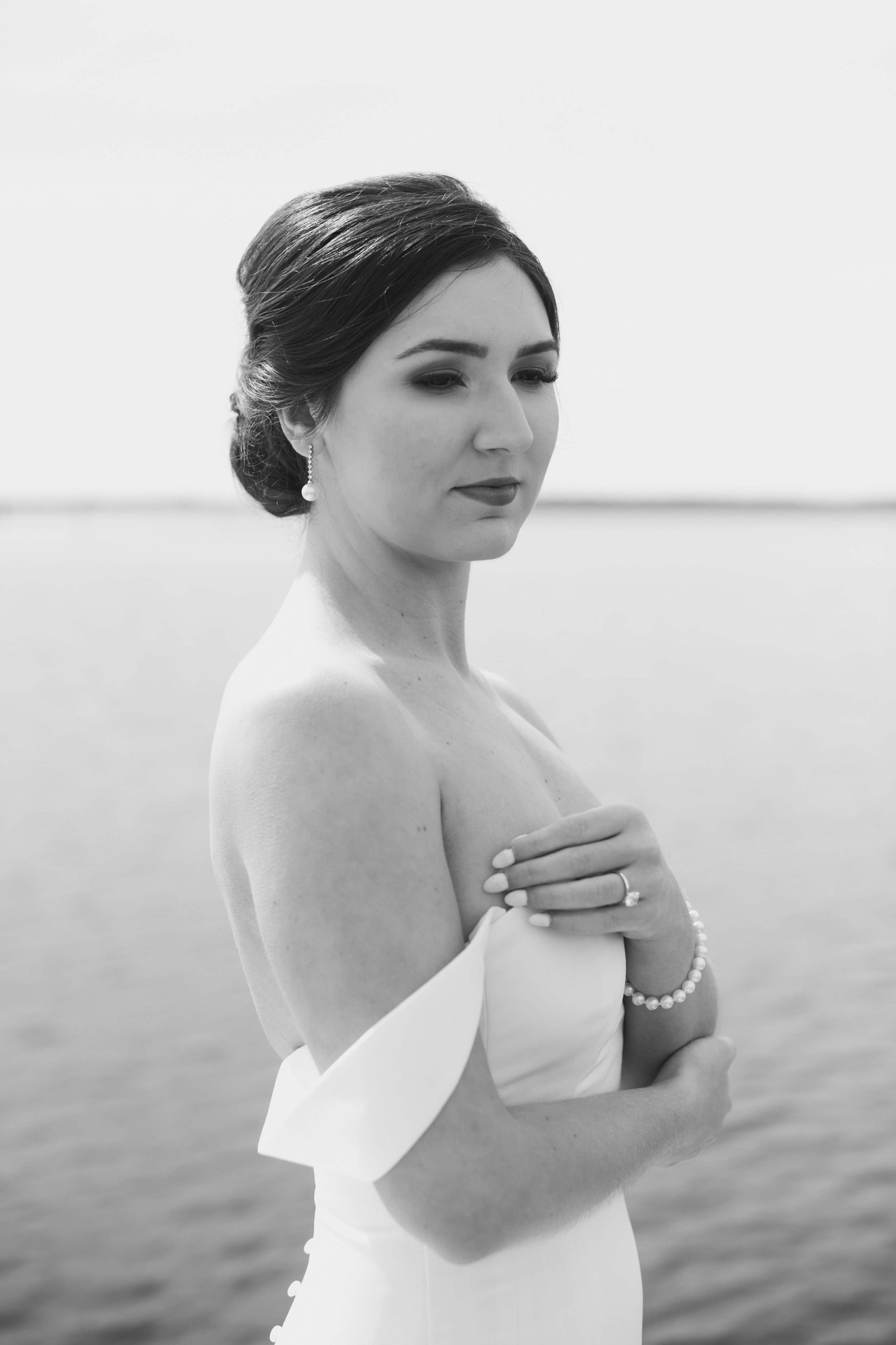 Black White Fine Art Coastal Bridal Portraits at River Forest Manor and Marina Fancy This Photography