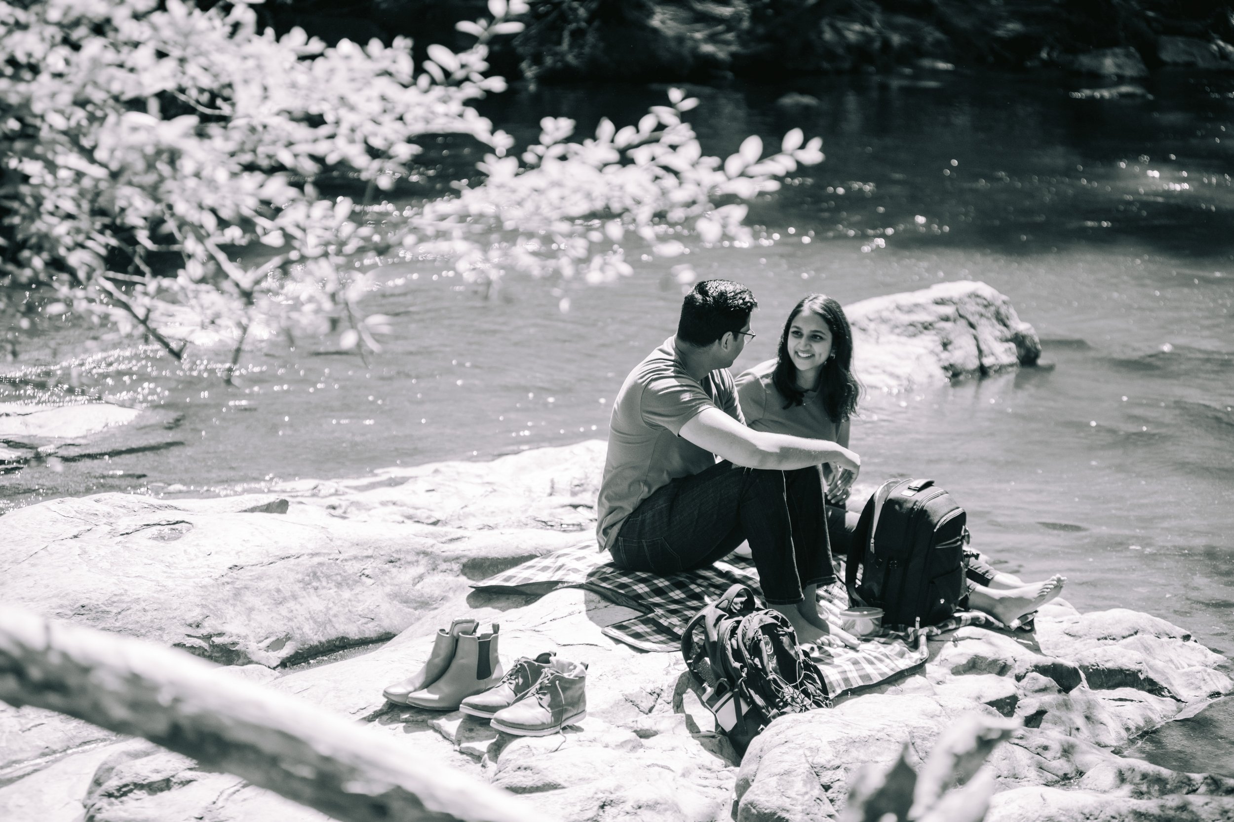 Black and White Riverside Picnic Proposal Eno River Engagement Photos Durham NC Fancy This Photography