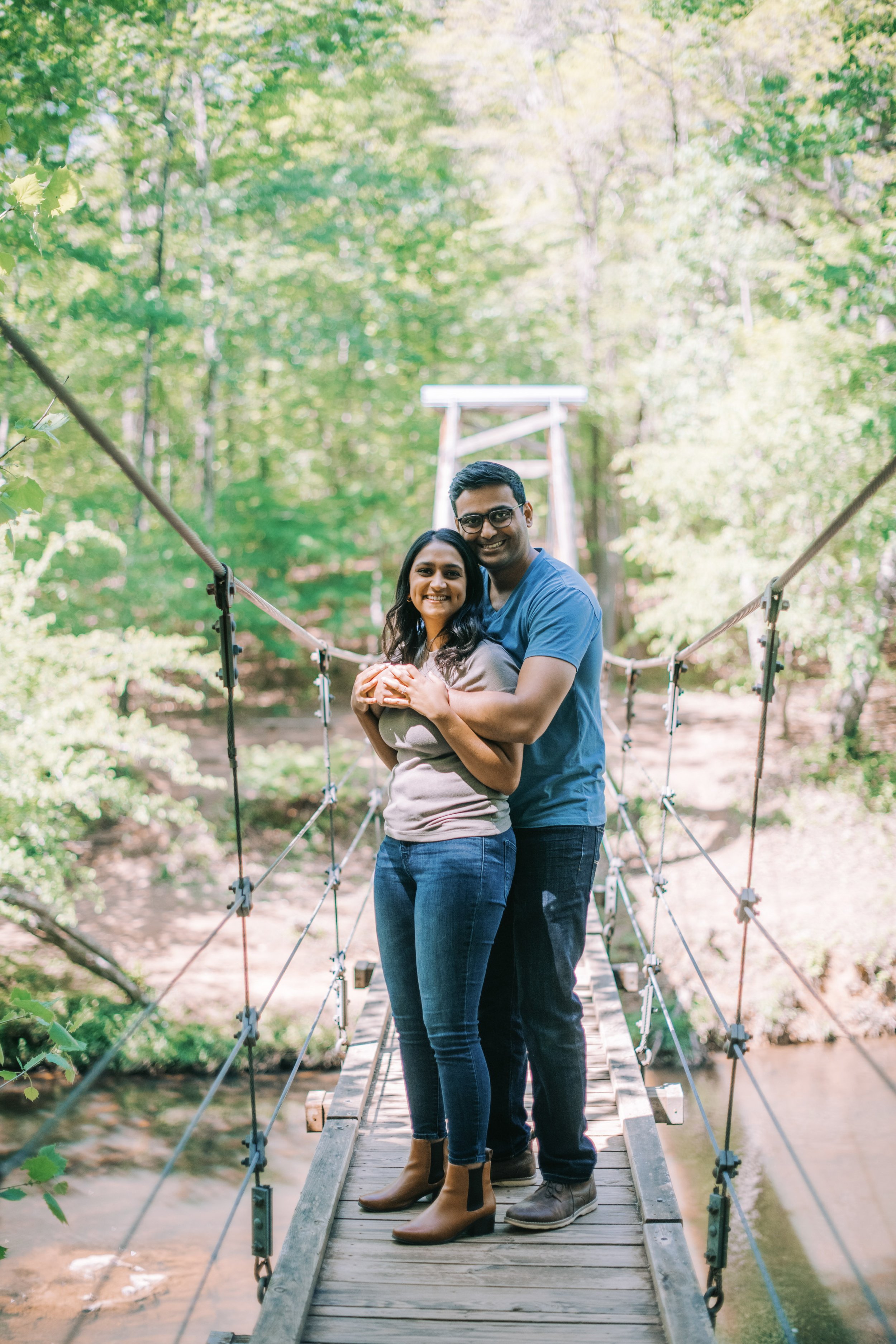 Swinging Bridge Eno River Engagement Photos Durham NC Fancy This