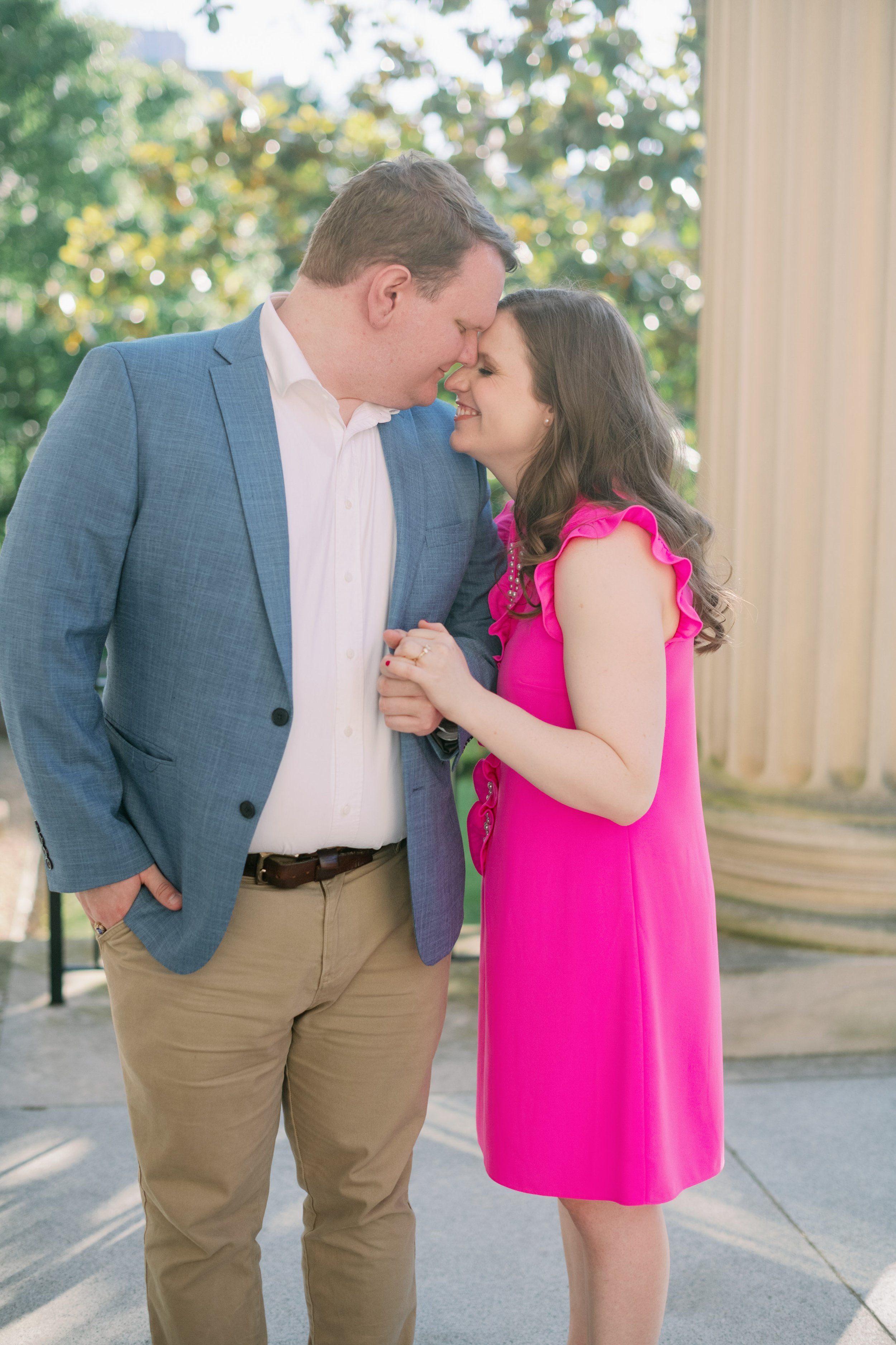 Hot Pink Dress Blue Suit Jacket South Building UNC Chapel Hill Engagement Photos Fancy This Photography