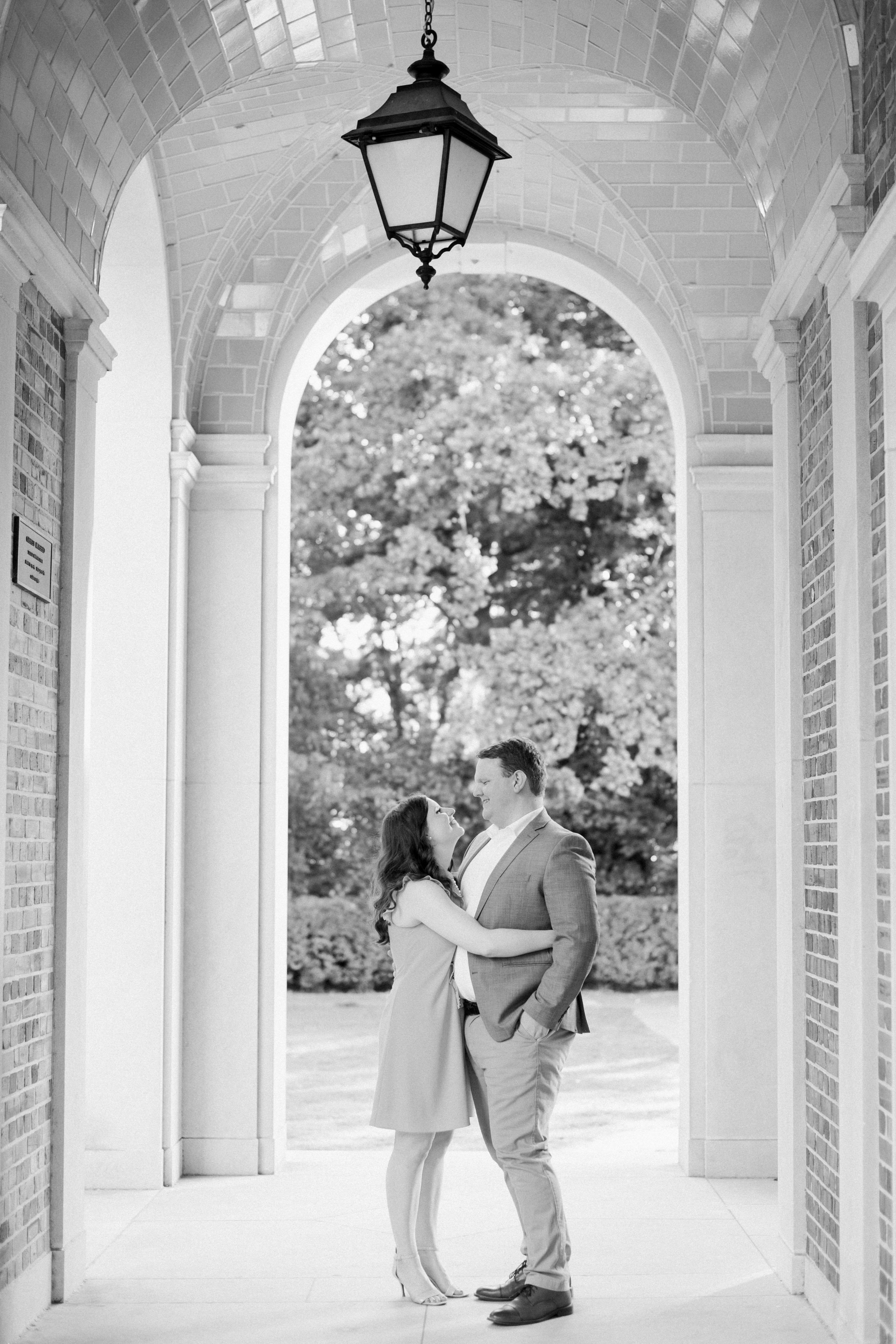 Black and White Bell Tower Archway UNC Chapel Hill Engagement Photos Fancy This Photography