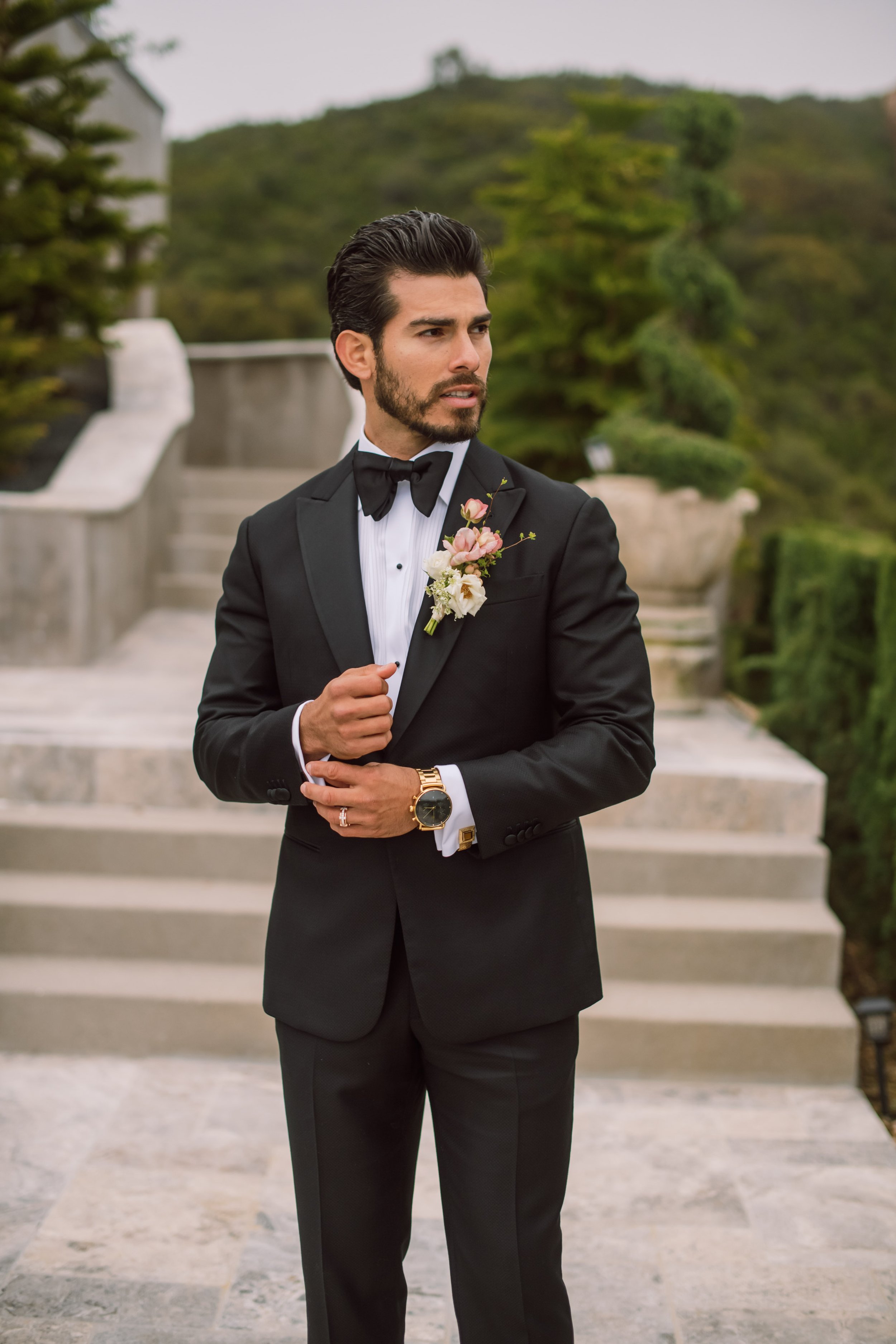 Groom black and white tuxedo Stone Mountain Estates Wedding Venue Fancy This Photography