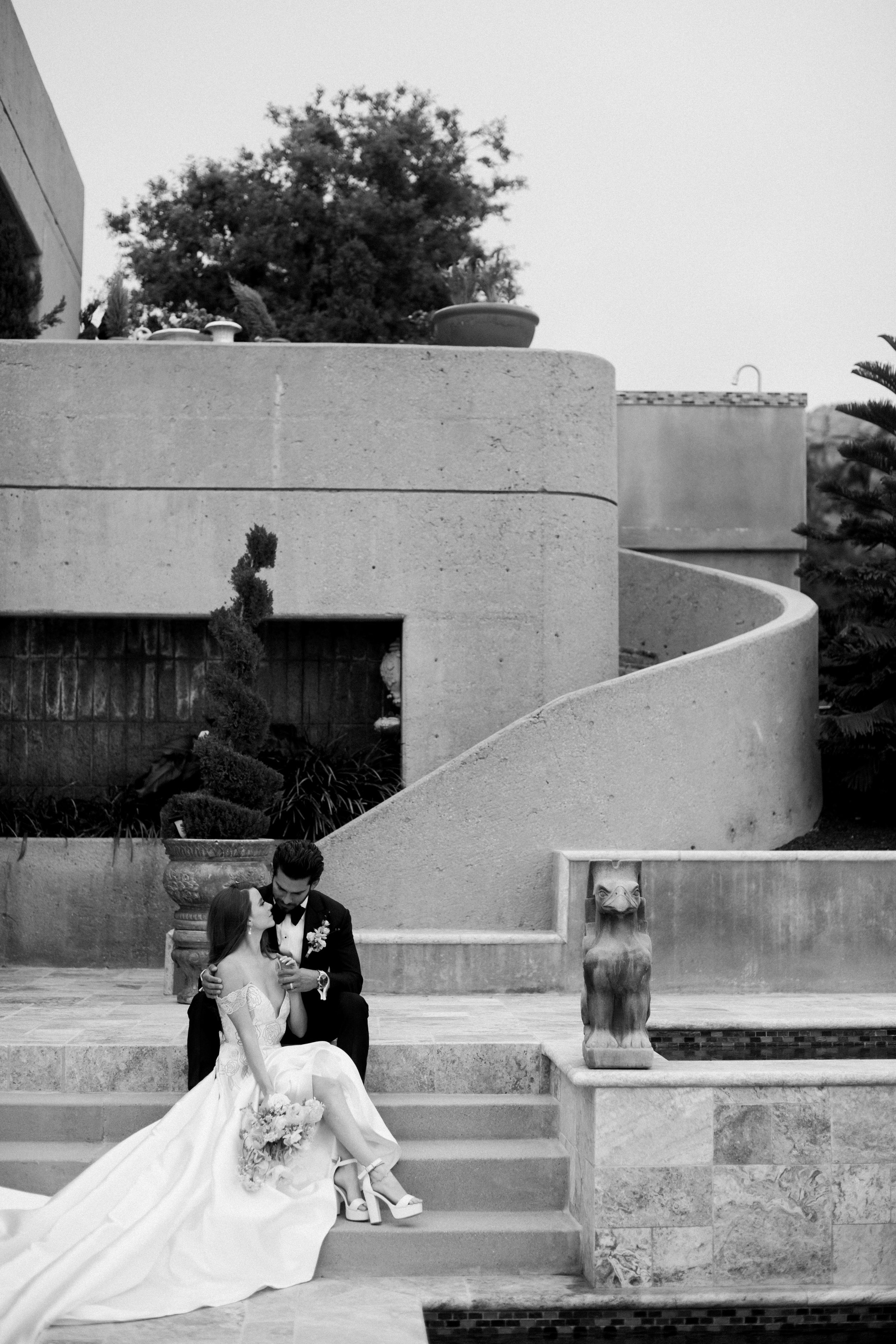 Bride and Groom Poolside Staircase Stone Mountain Estates Wedding Venue Fancy This Photography