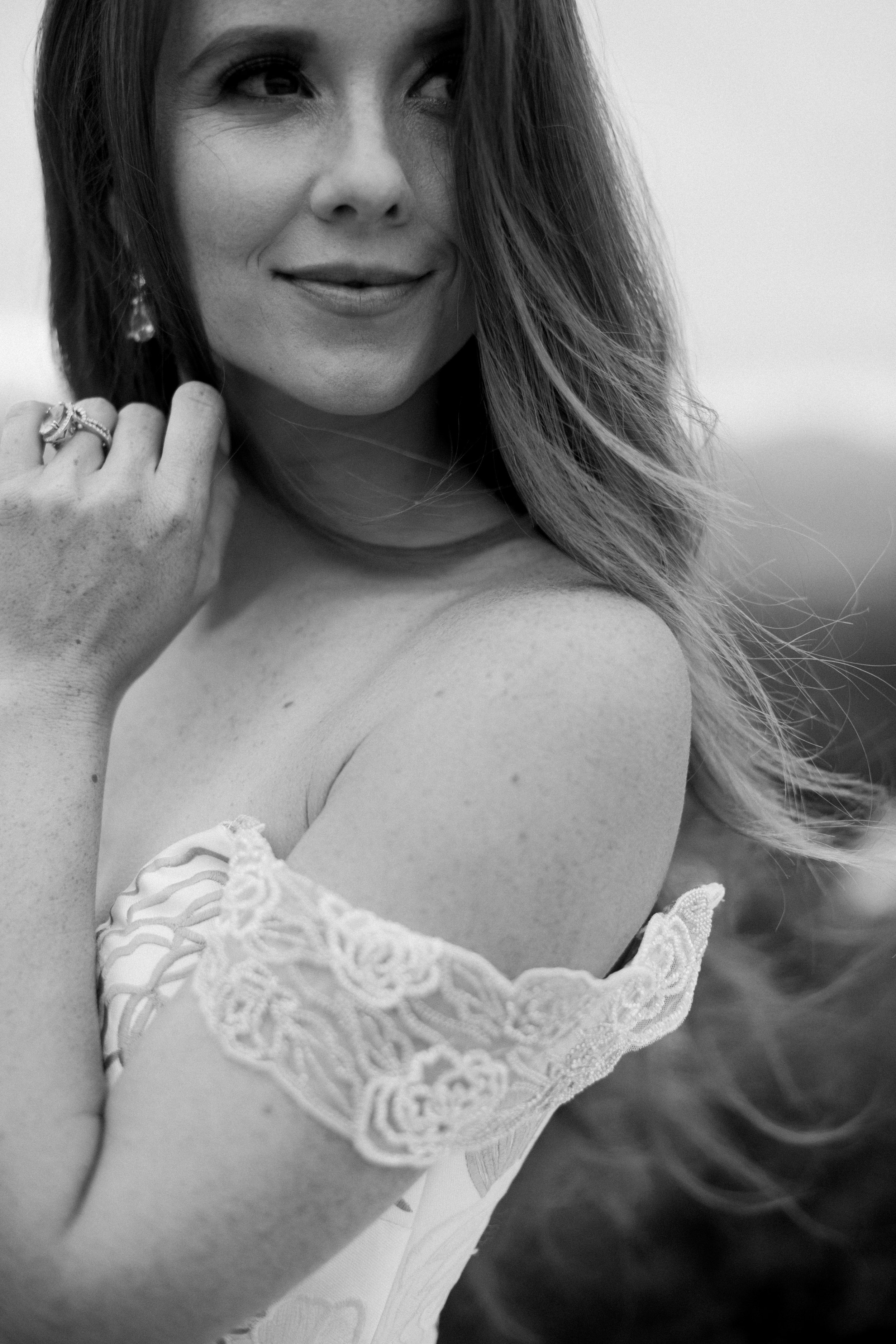 Black and White Bridal Headshot Stone Mountain Estates Wedding Venue Fancy This Photography