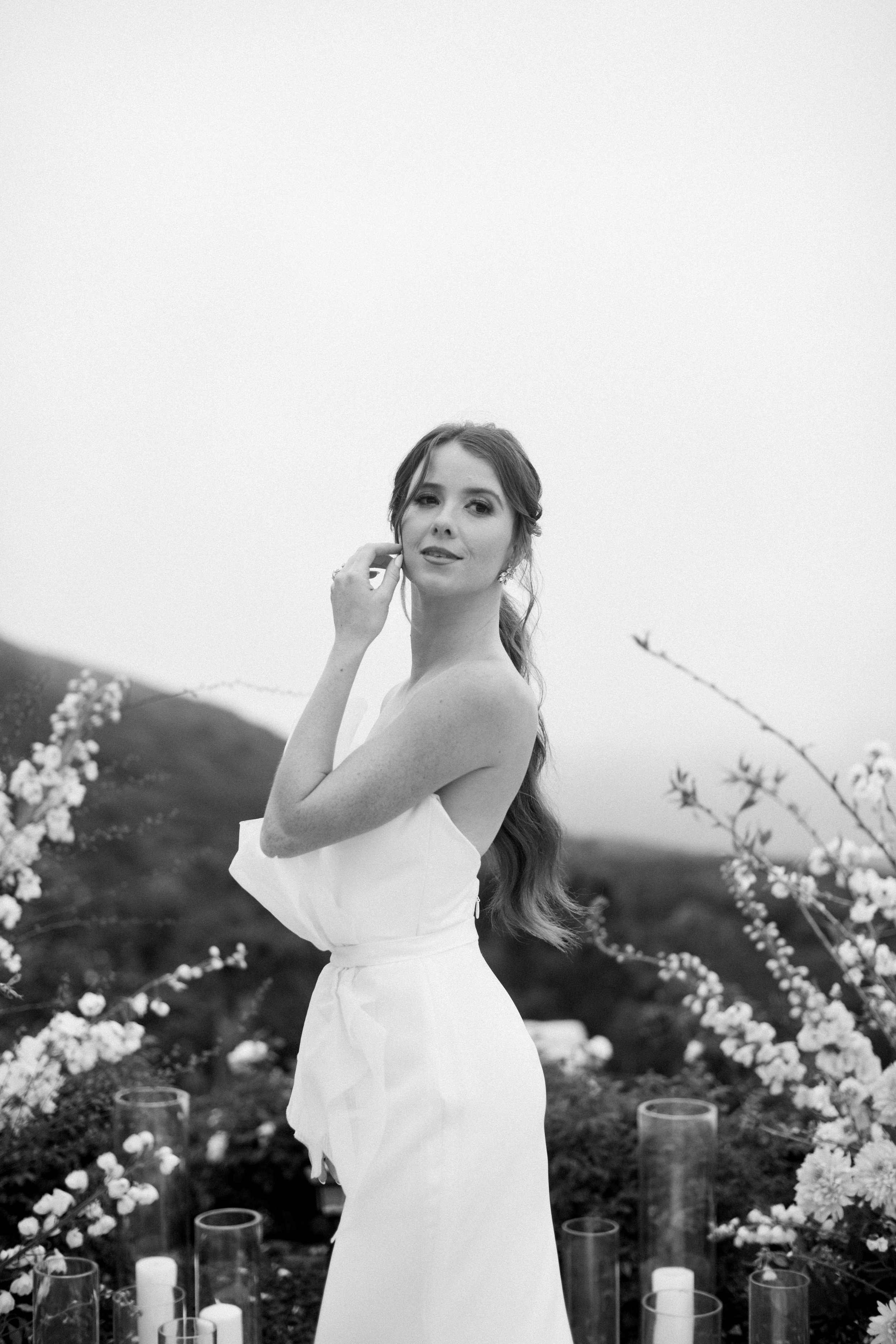 Black and White Bridal Portrait Strapless Gown Stone Mountain Estates Wedding Venue Fancy This Photography