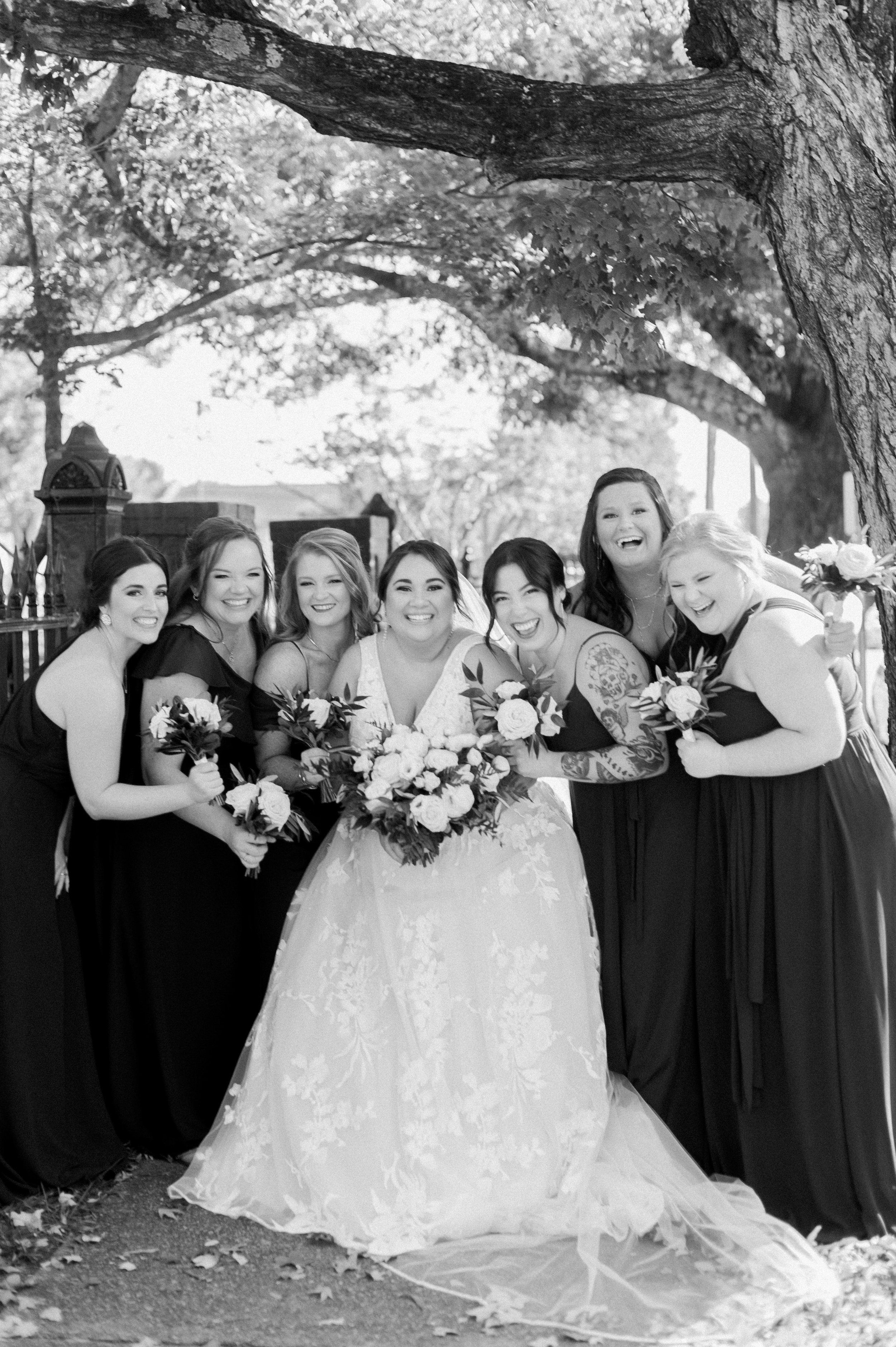 Black and White Image Bride and Bridesmaids Unique Raleigh Wedding Venue Options Fancy This Photography