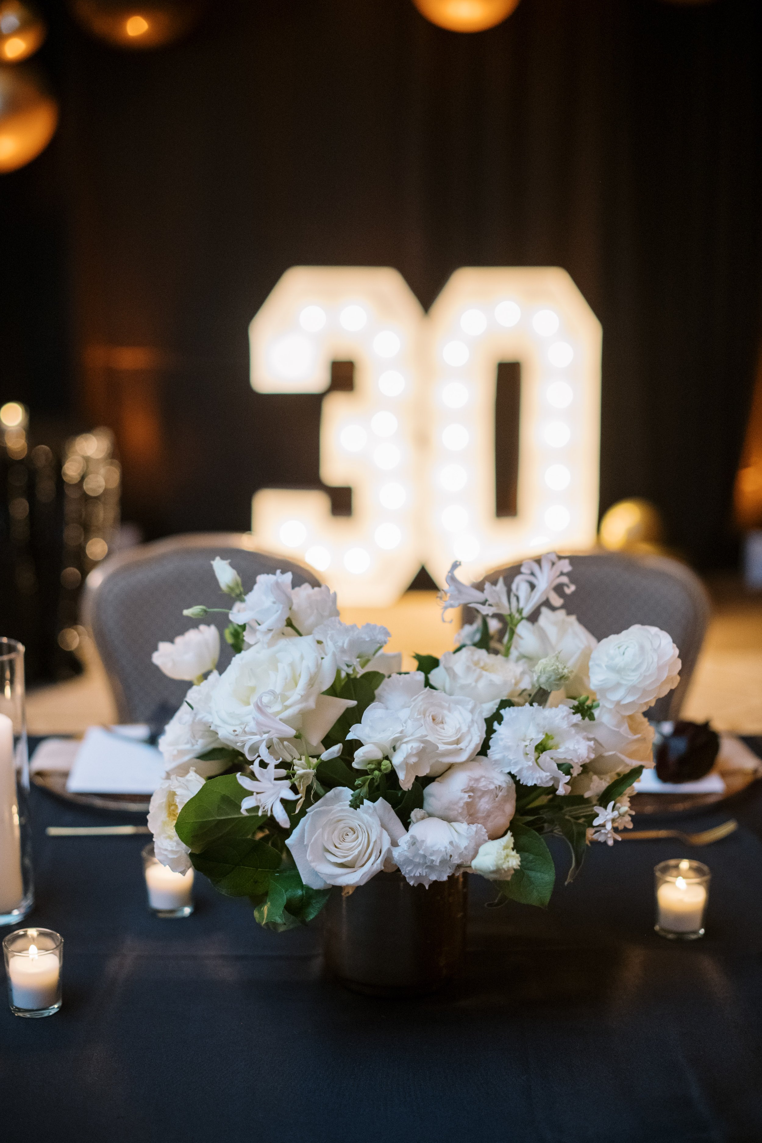 Nathalia Neon 30 Sign White Florals Black and Gold 30th Birthday Party at The Umstead Hotel and Spa in Cary NC Fancy This Photography