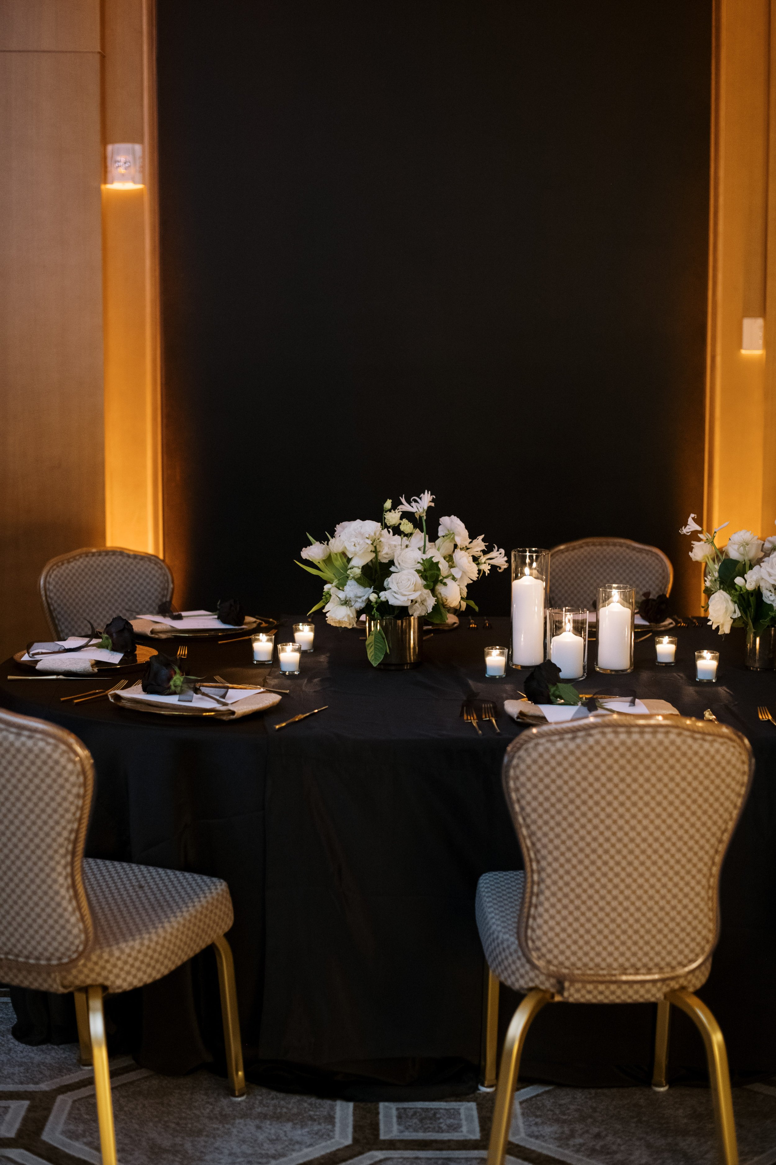 Nathalia Black and Gold Table Decor 30th Birthday Party at The Umstead Hotel and Spa in Cary NC Fancy This Photography