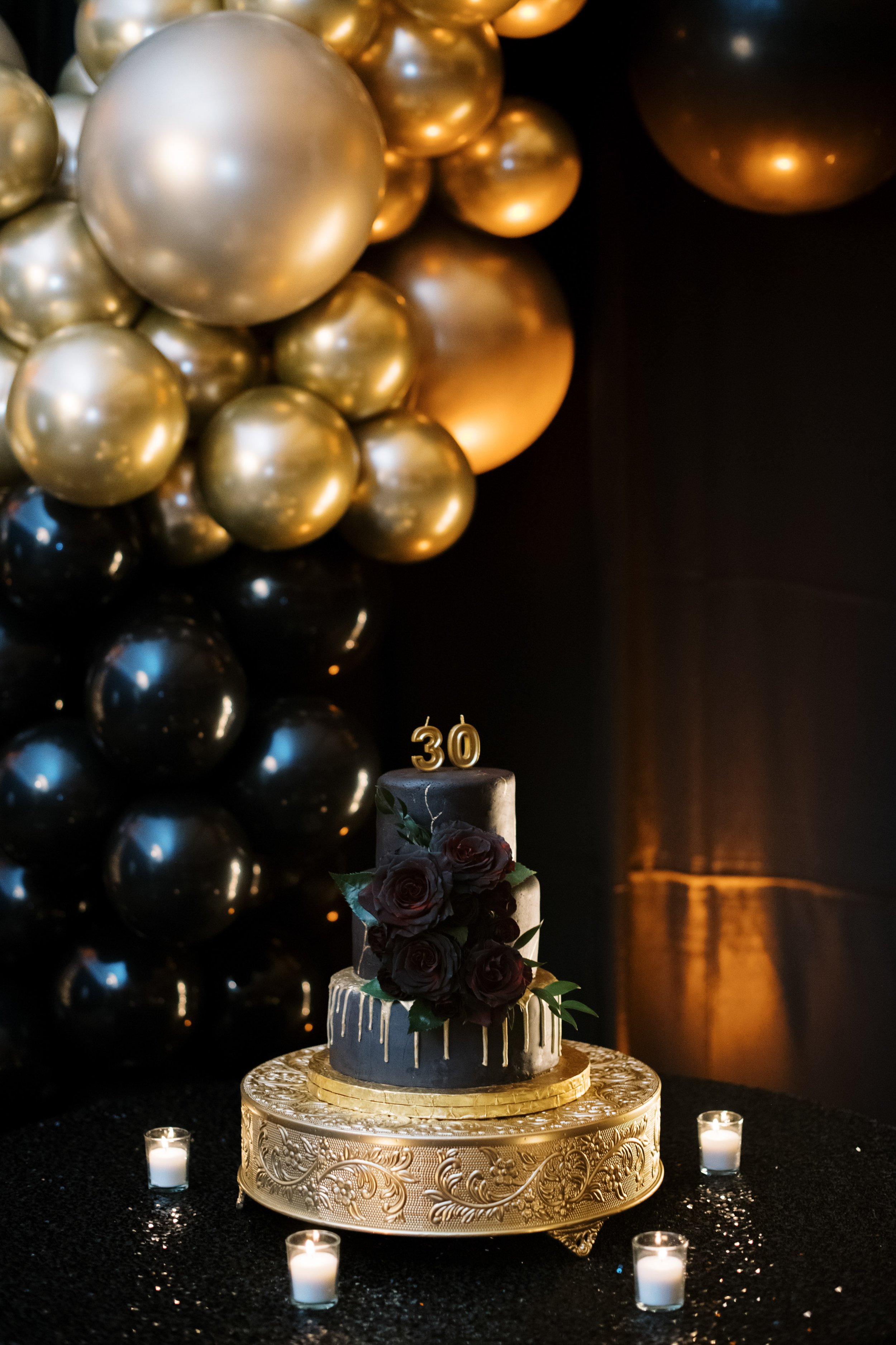 Black and Gold Birthday Cake Edible Art Bakery 30th Birthday Party at The Umstead Hotel and Spa in Cary NC Fancy This Photography