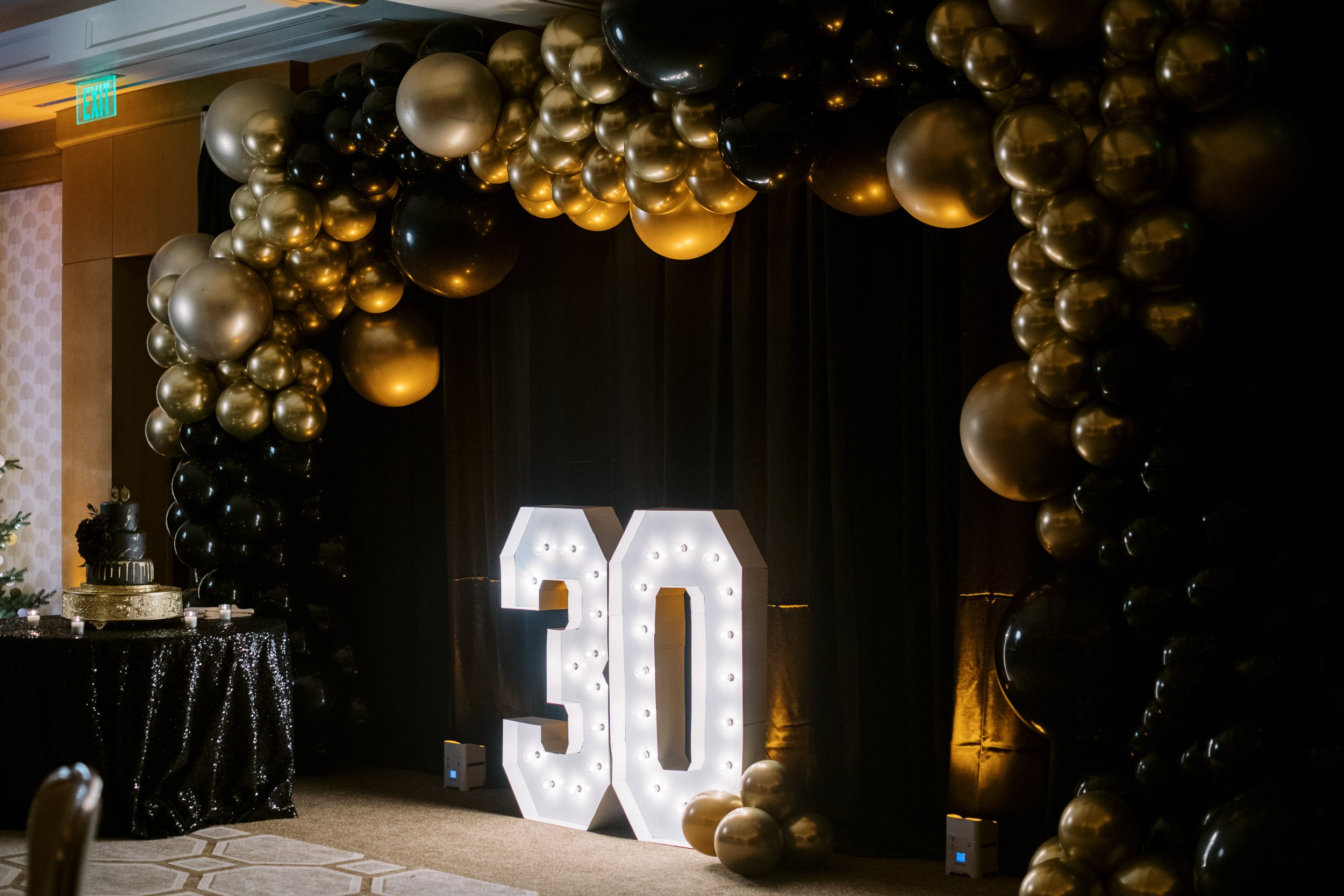 Neon 30 Sign Black and Gold Balloon Arch 30th Birthday Party at The Umstead Hotel and Spa in Cary NC Fancy This Photography