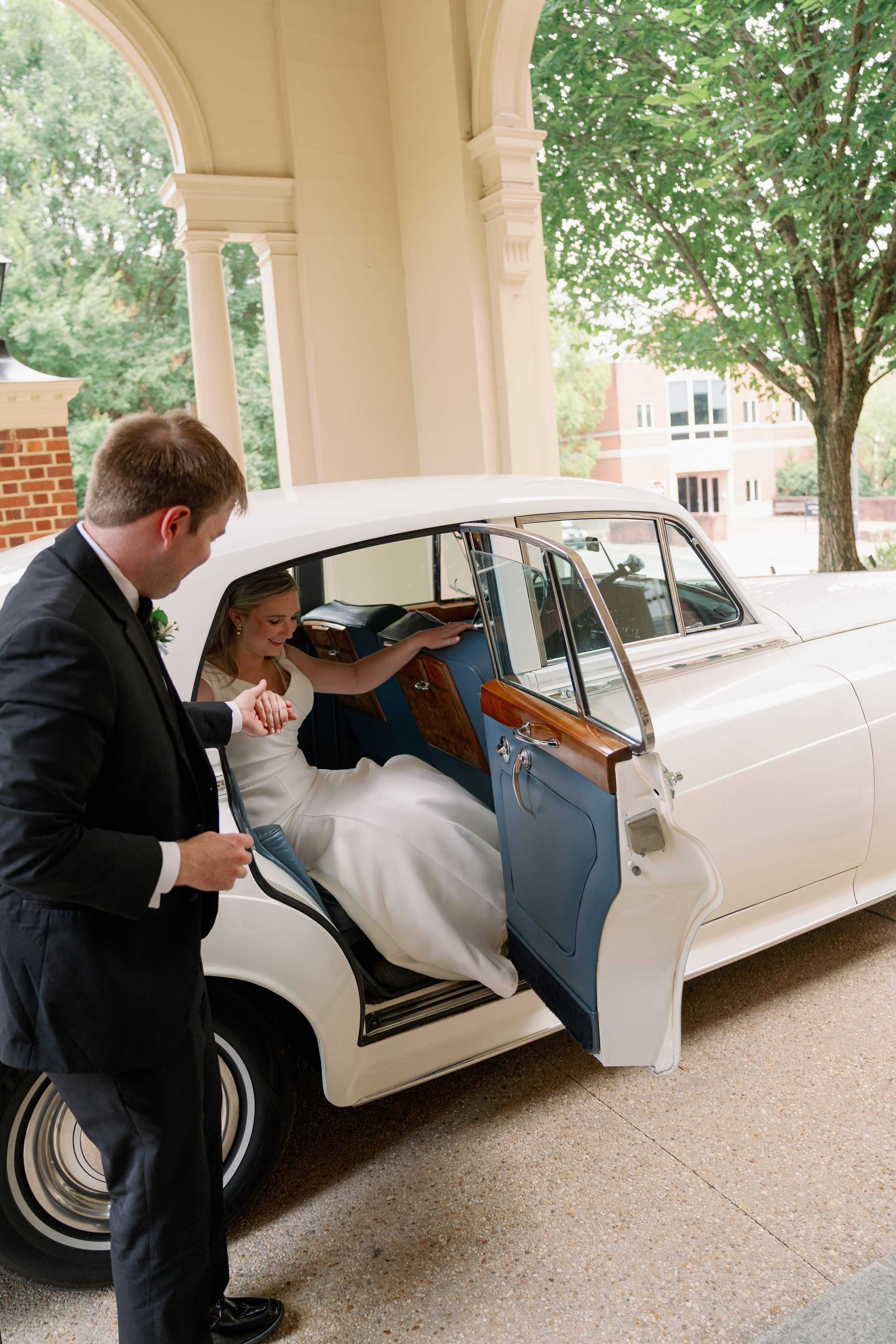Bride and Groom Vintage Rolls Royce Exit Wedding at The Carolina Inn