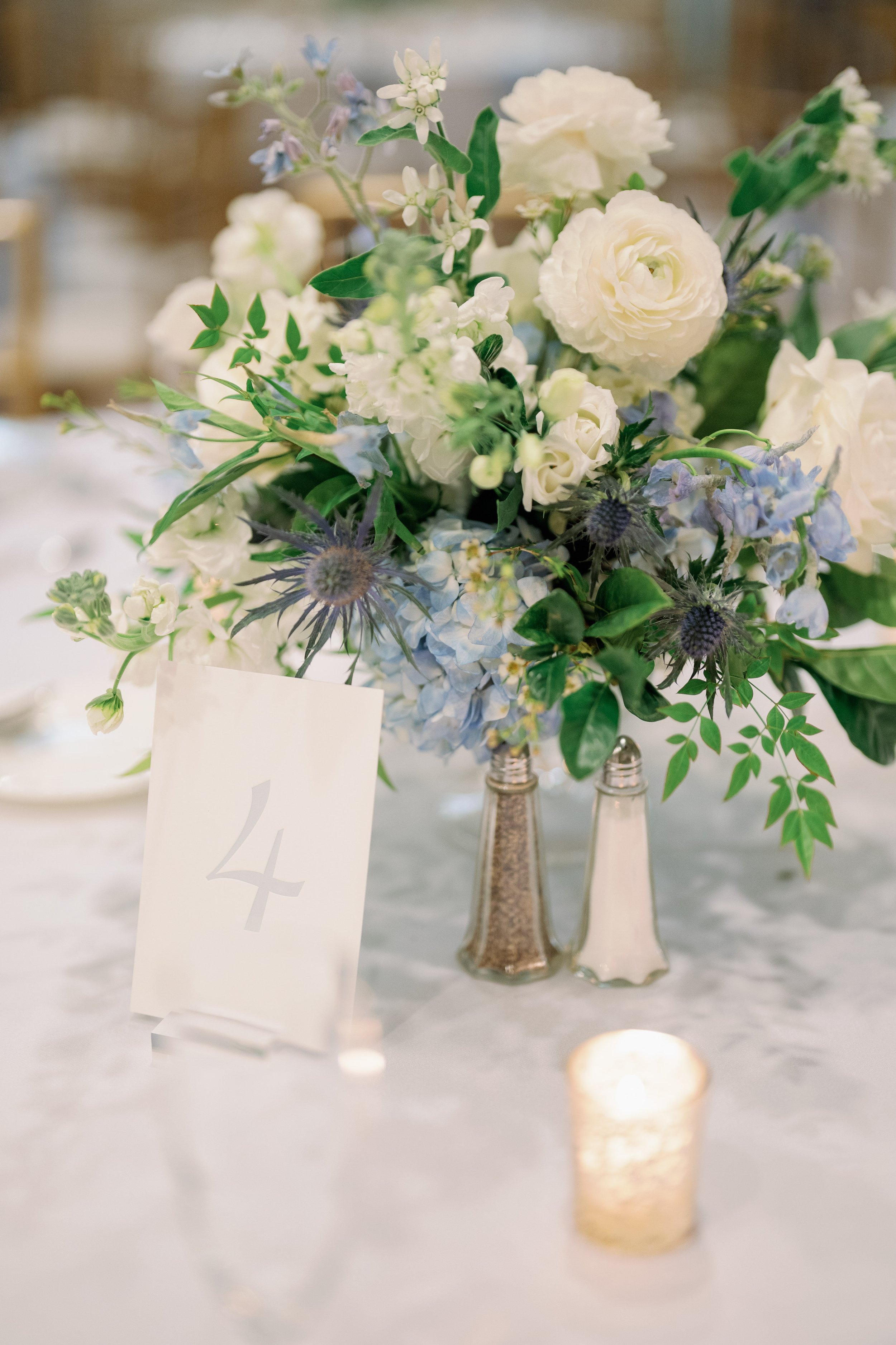 Low Table Centerpiece and Table Number Wedding at The Carolina Inn