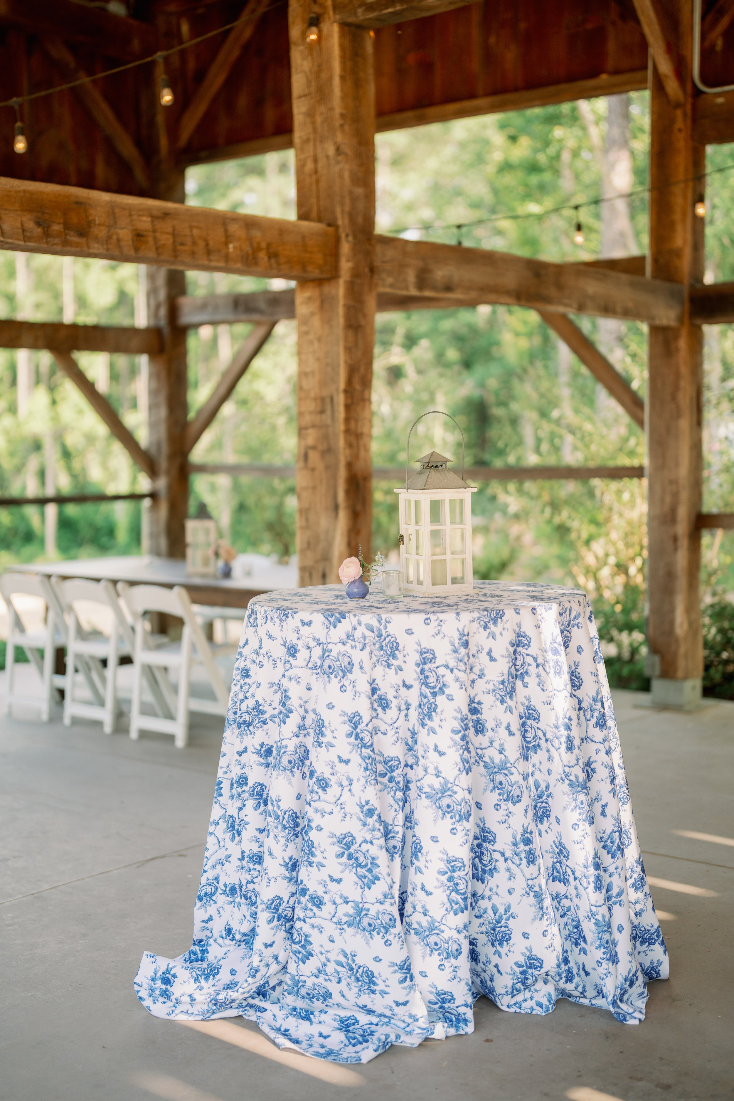 Cocktail Hour Table Linen Blue Lavender Wedding in Chapel Hill North Carolina 