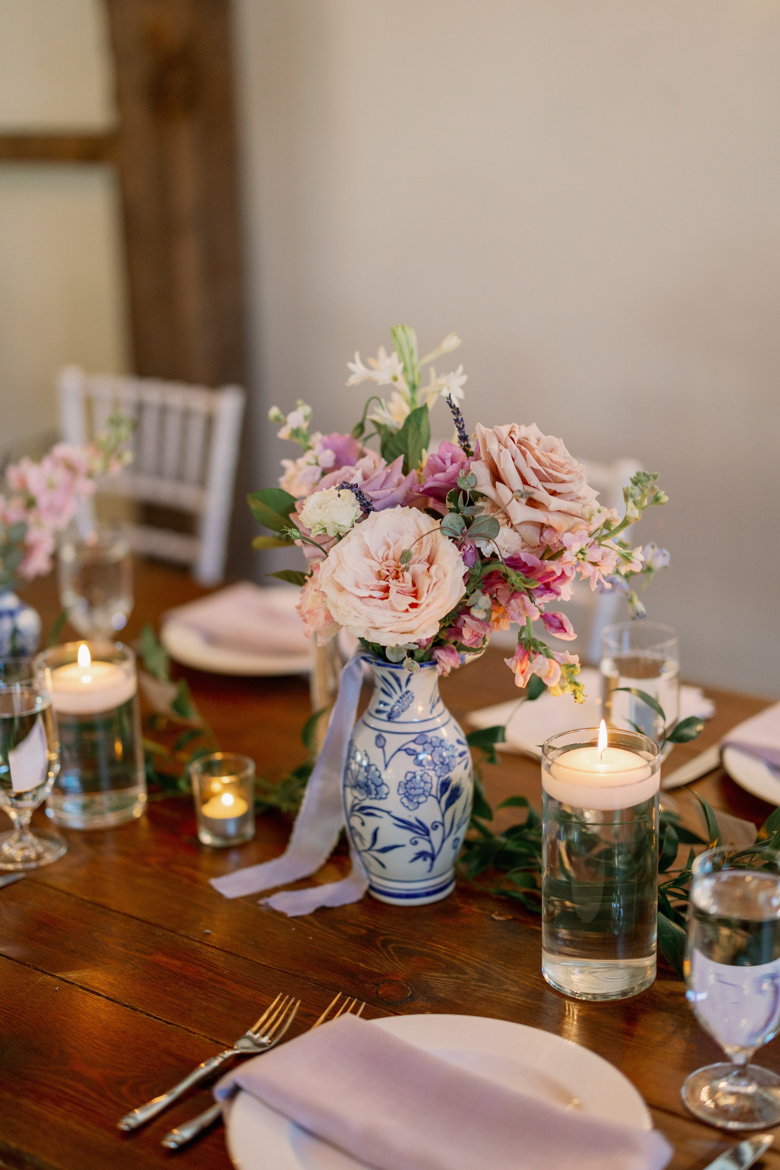 Flowers and Candles Table Settings  Lavender Wedding in Chapel Hill North Carolina 