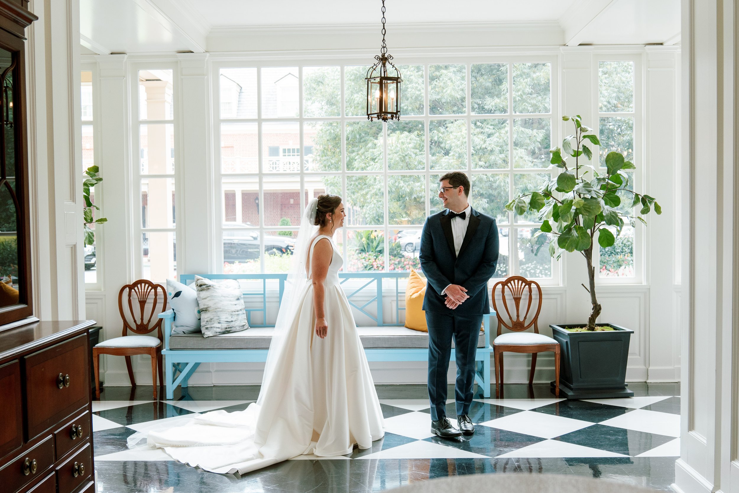 First Look for Bride and Groom UNC Chapel Hill Wedding at The Carolina Inn Fancy This Photography