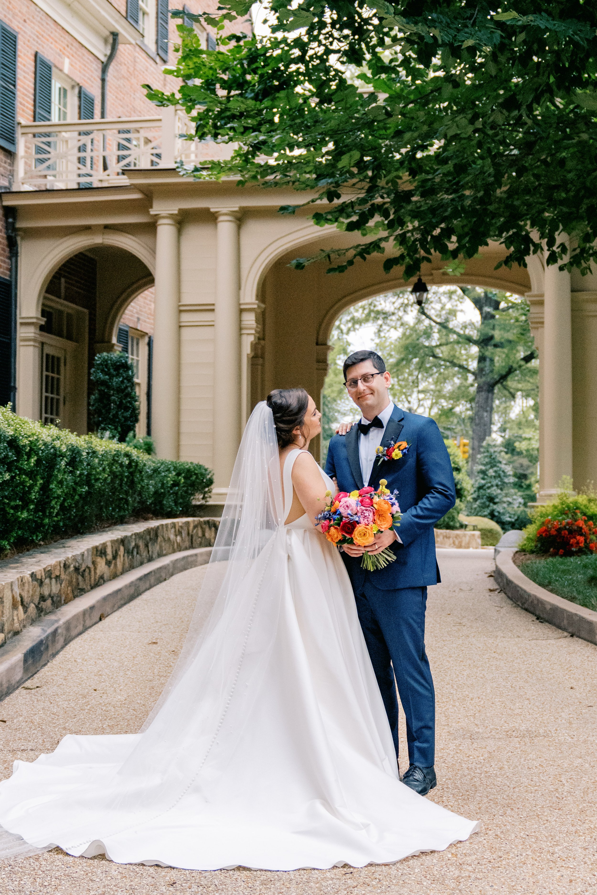 Summer Bride and Groom Outside UNC Chapel Hill Wedding at The Carolina Inn Fancy This Photography