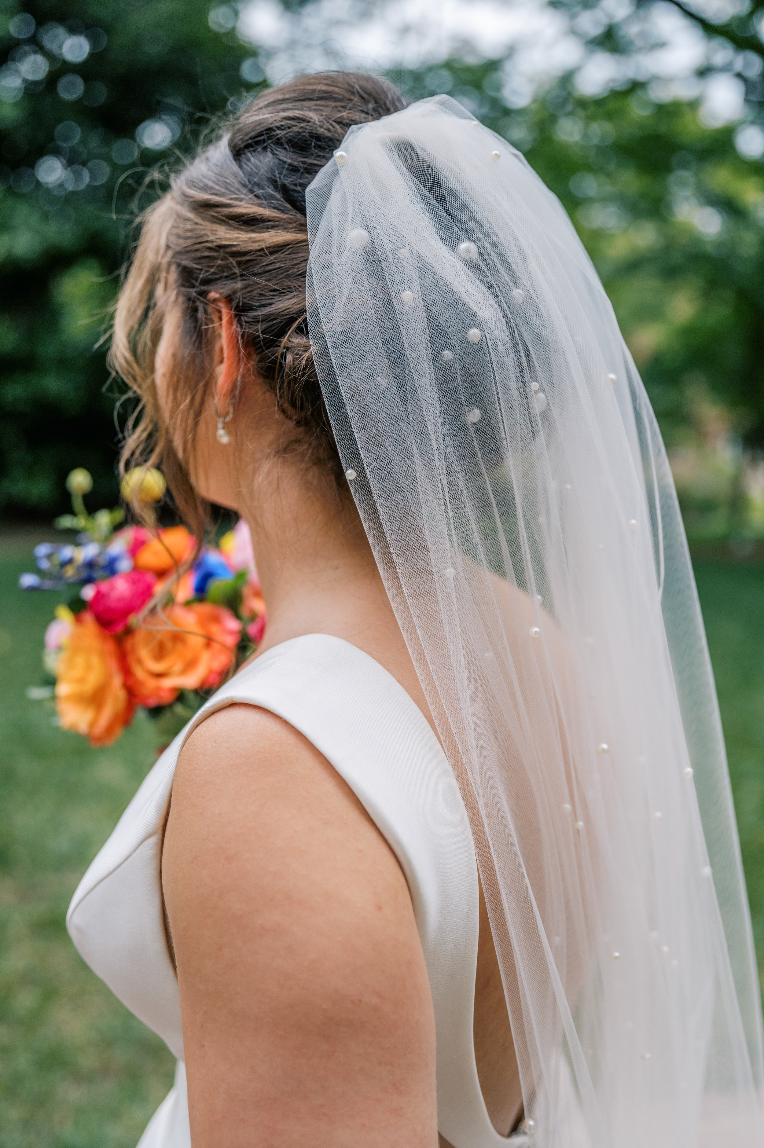 Bride Veil Pearls Colorful Bouquet UNC Chapel Hill Wedding at The Carolina Inn Fancy This Photography