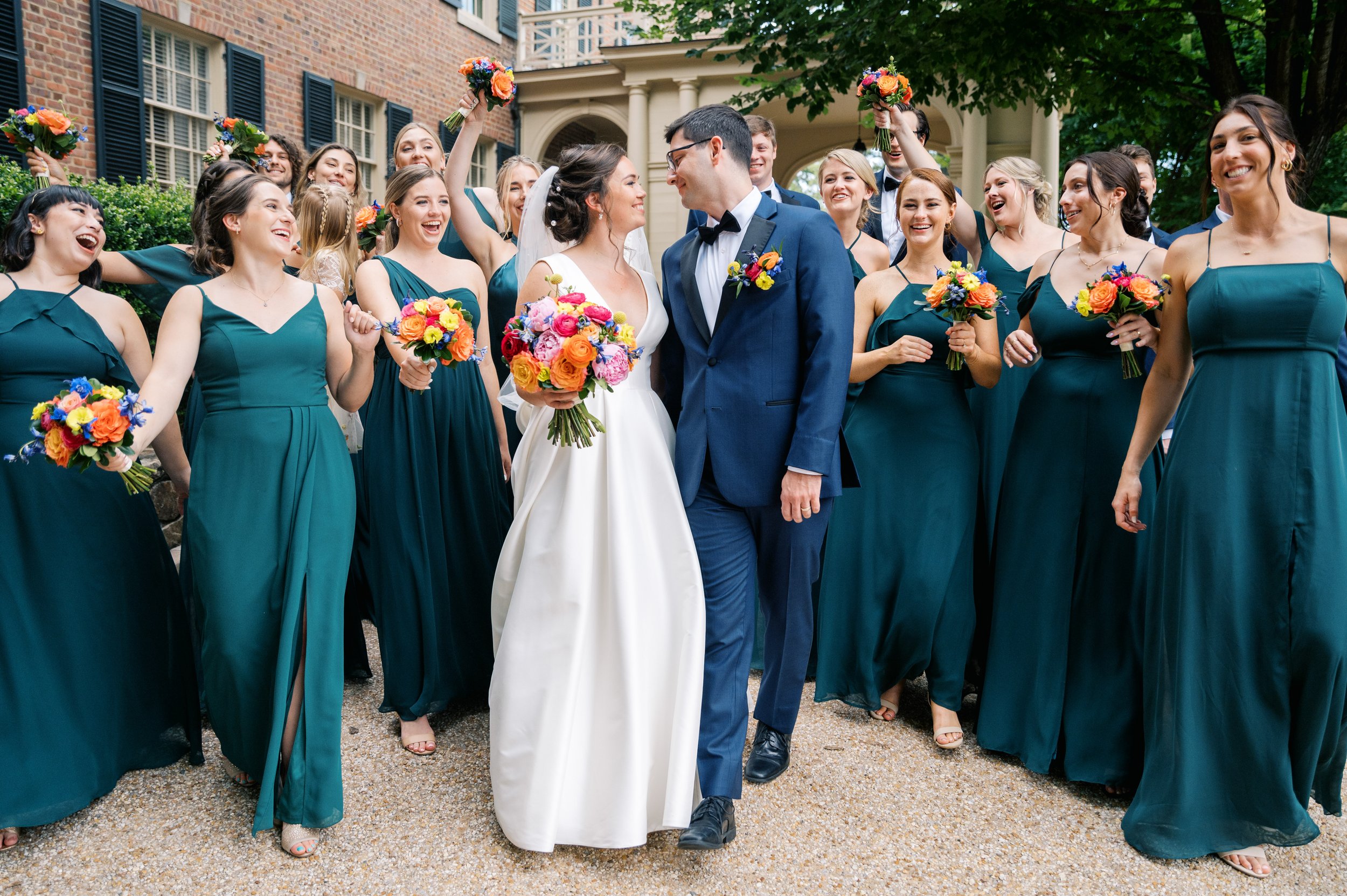 Green Summer Bridal Party Outside UNC Chapel Hill Wedding at The Carolina Inn Fancy This Photography