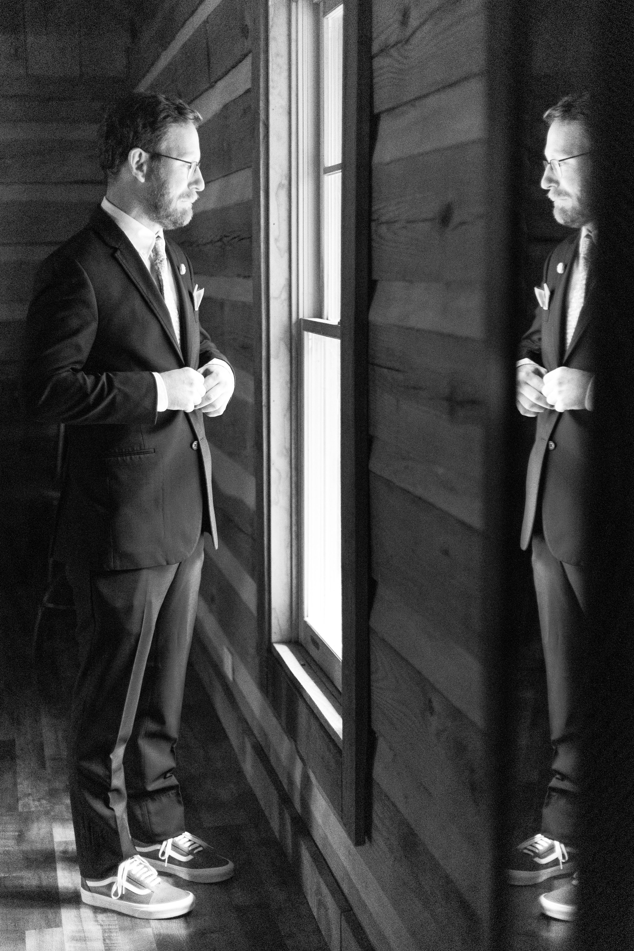 Groom Portrait Mirror Reflection Wedding at Lavender Oaks Farm in Chapel Hill Fancy This Photography