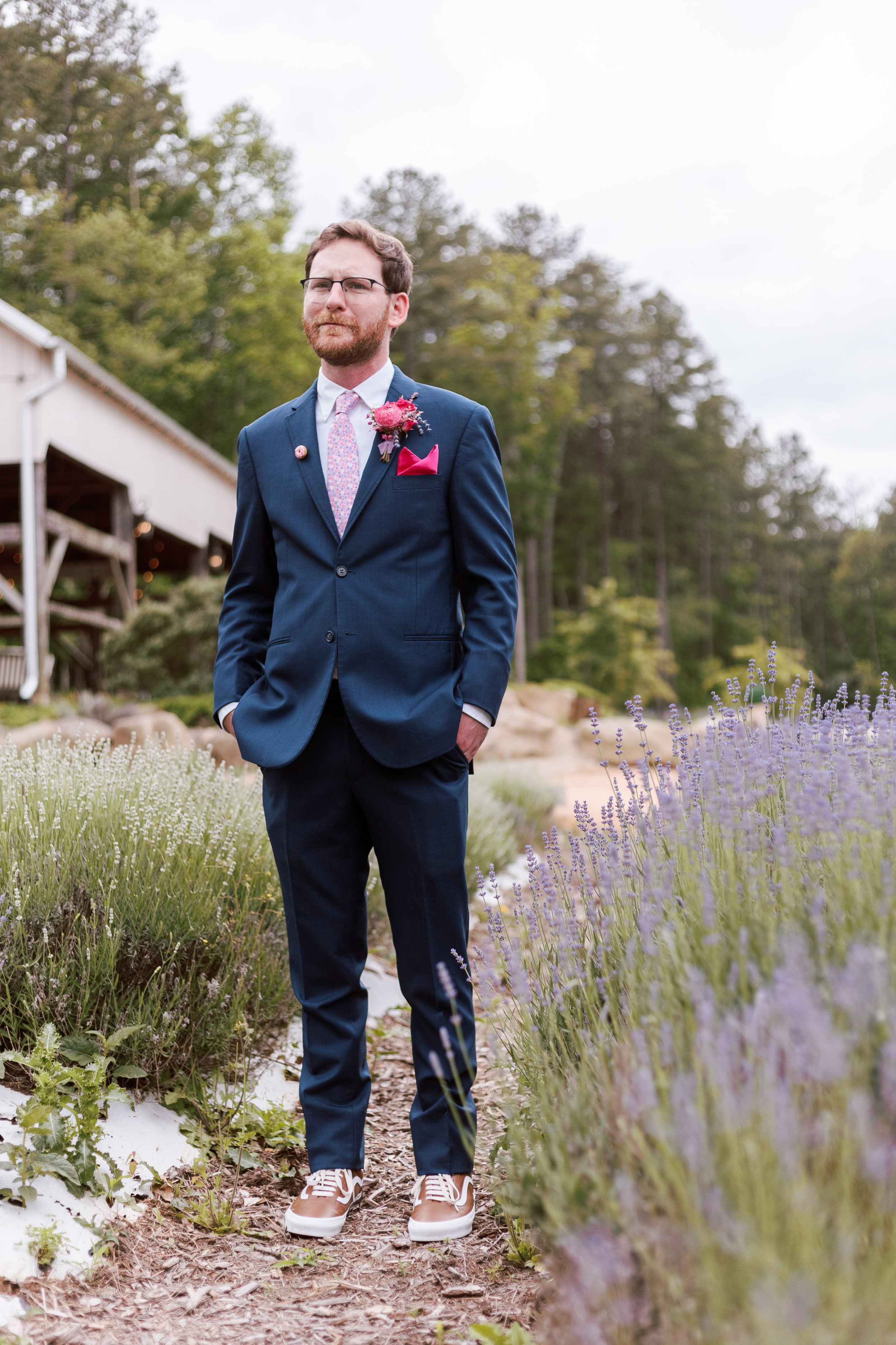 Lavender Field First Look Groom Wedding at Lavender Oaks Farm in Chapel Hill Fancy This Photography
