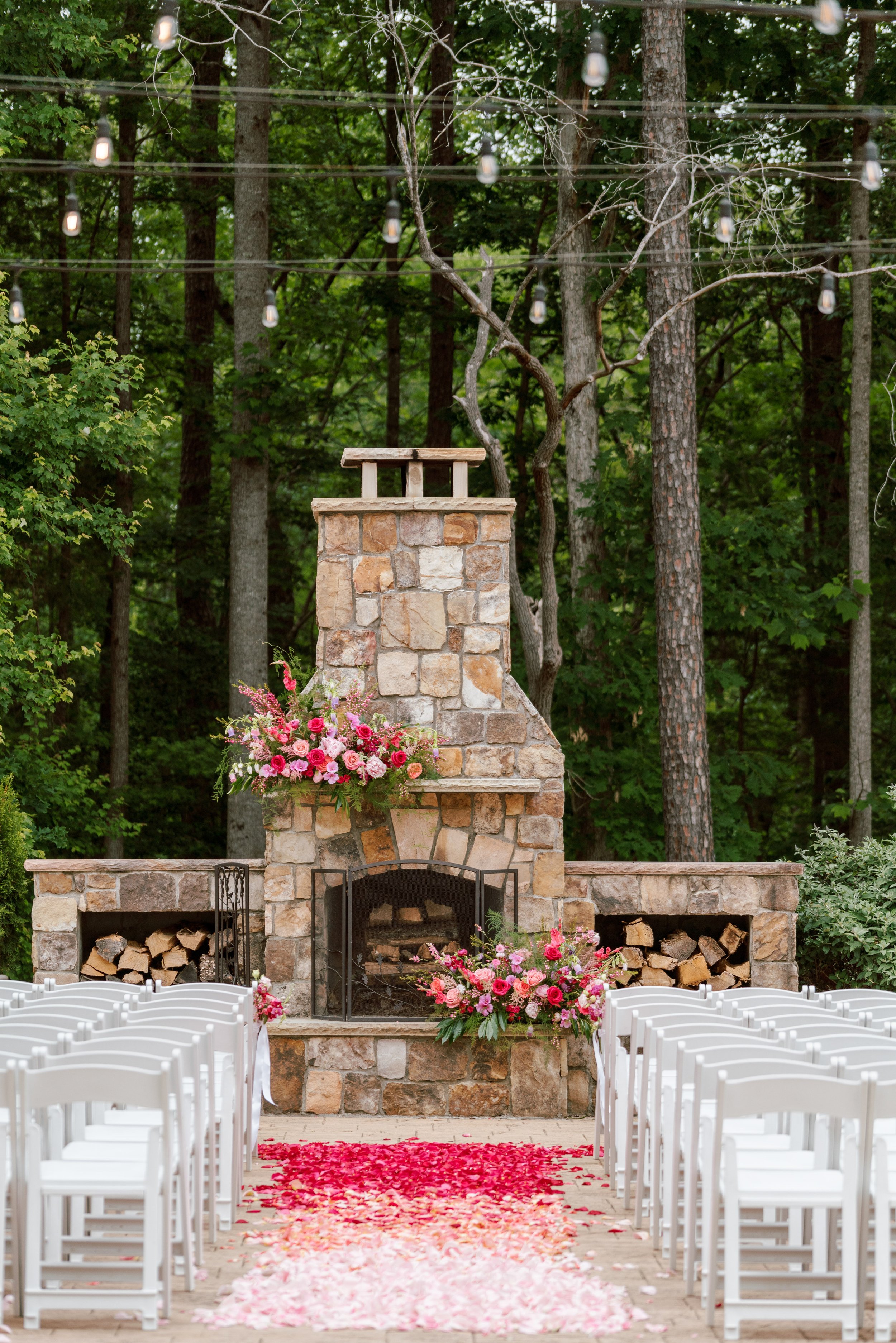 Ombre Pink Rose Petal Aisle Tre Bella Stone Fireplace Wedding at Lavender Oaks Farm in Chapel Hill Fancy This Photography