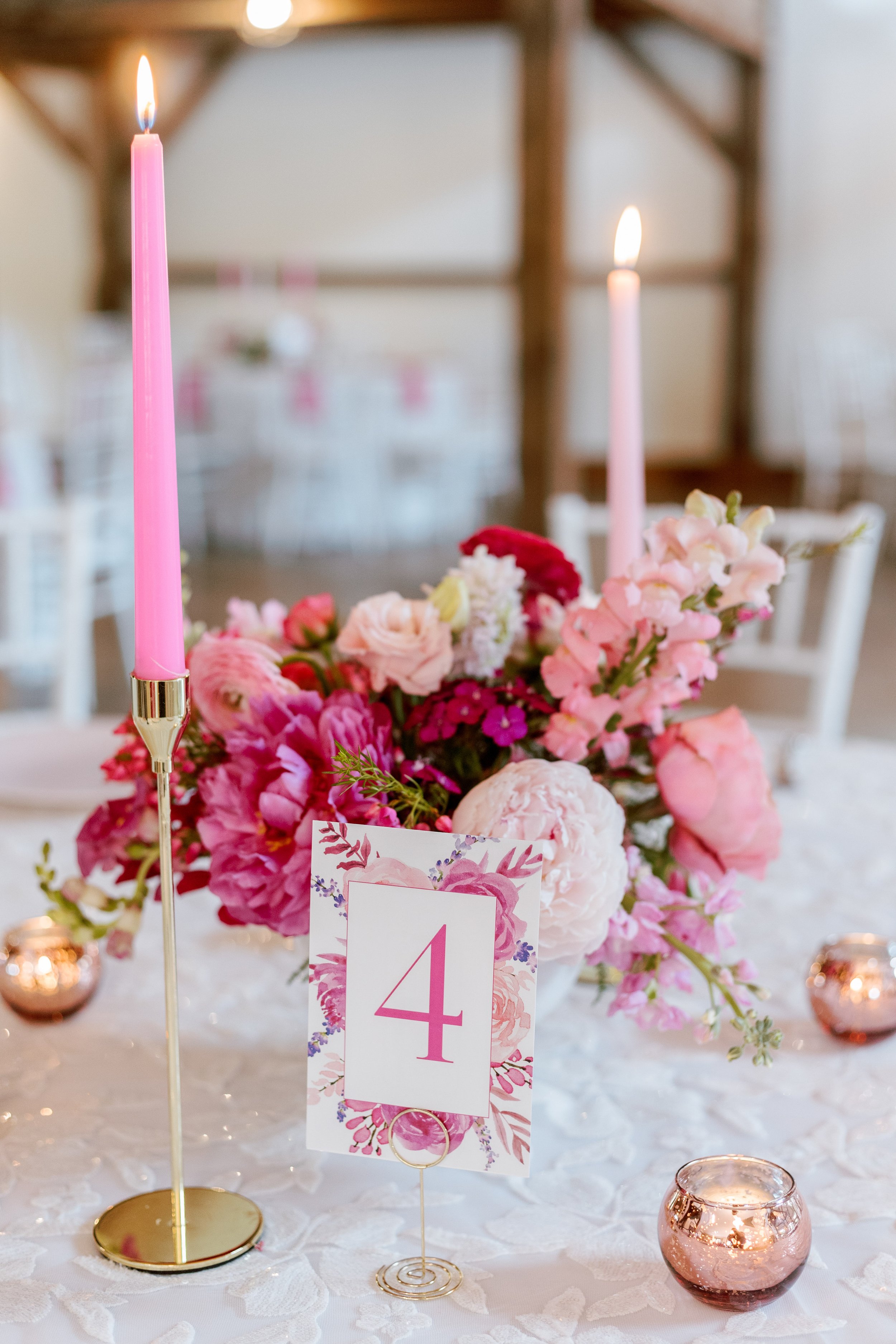 Pink Reception Table Flowers and Decor Wedding at Lavender Oaks Farm in Chapel Hill Fancy This Photography