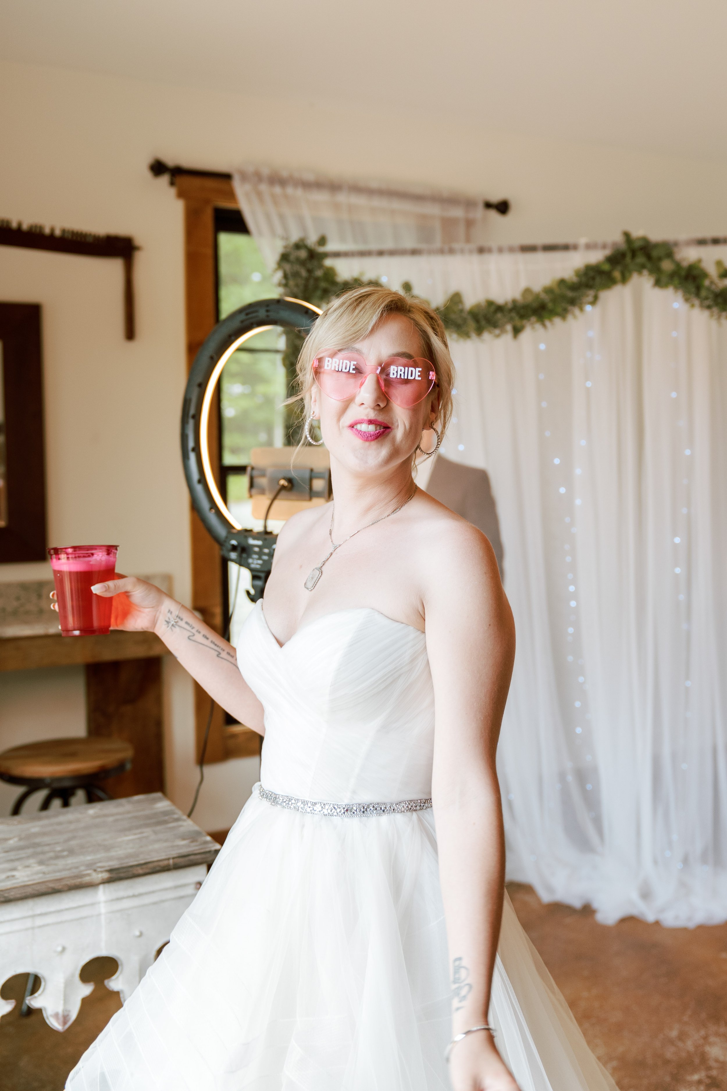 Bride in Heart Sunglasses Wedding at Lavender Oaks Farm in Chapel Hill Fancy This Photography